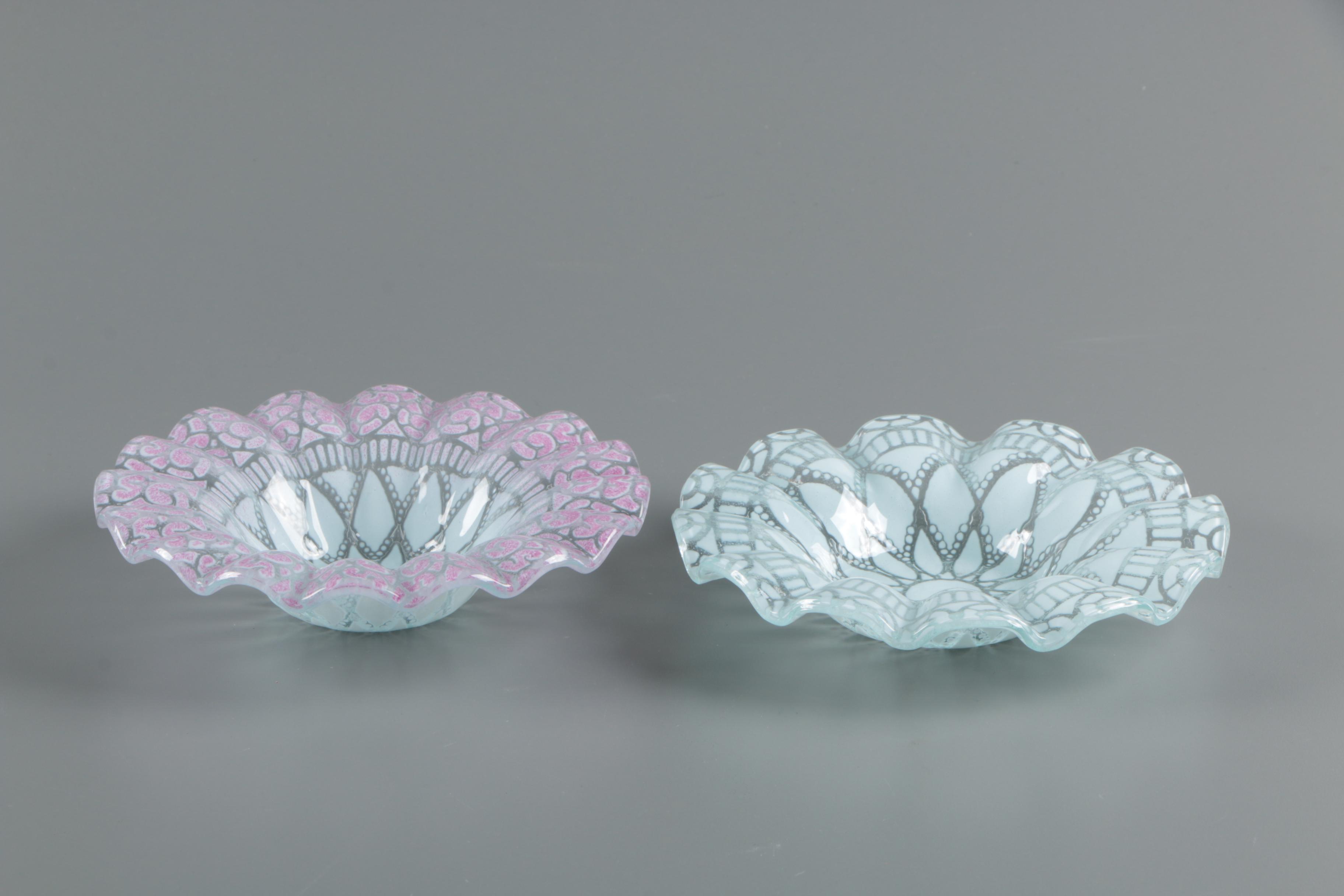 Ruffled Blown Art Glass Bowls with Colorful Floral Patterns