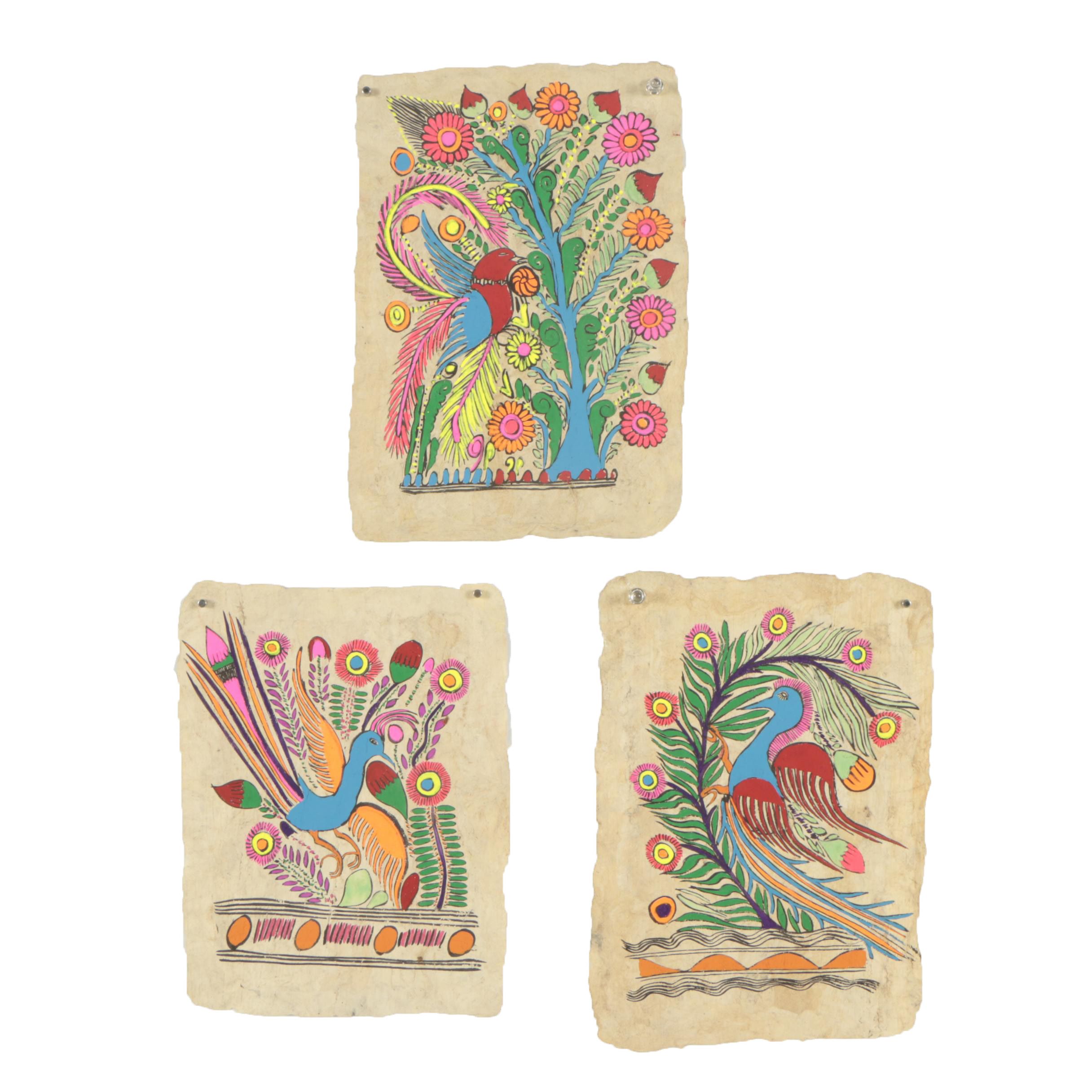 Mexican Amate Gouache Paintings of Birds