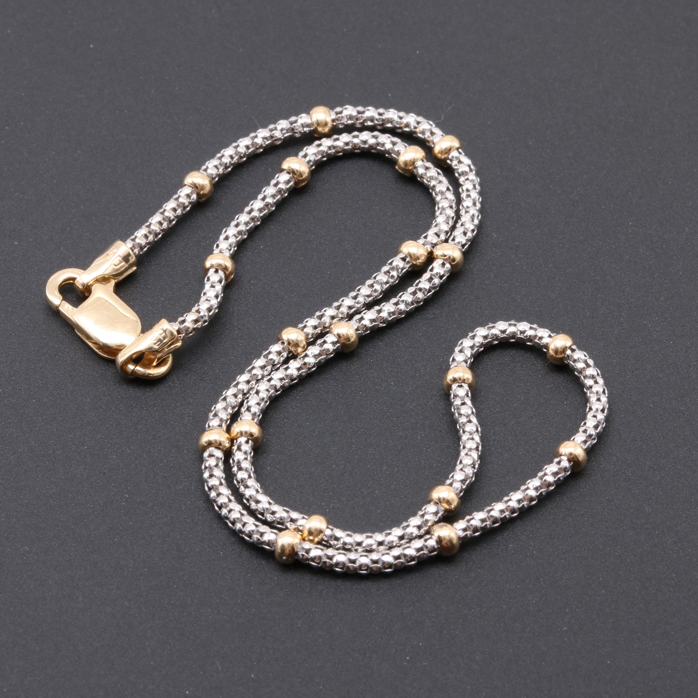 14K White Gold Popcorn Chain Anklet With Yellow Gold Accents