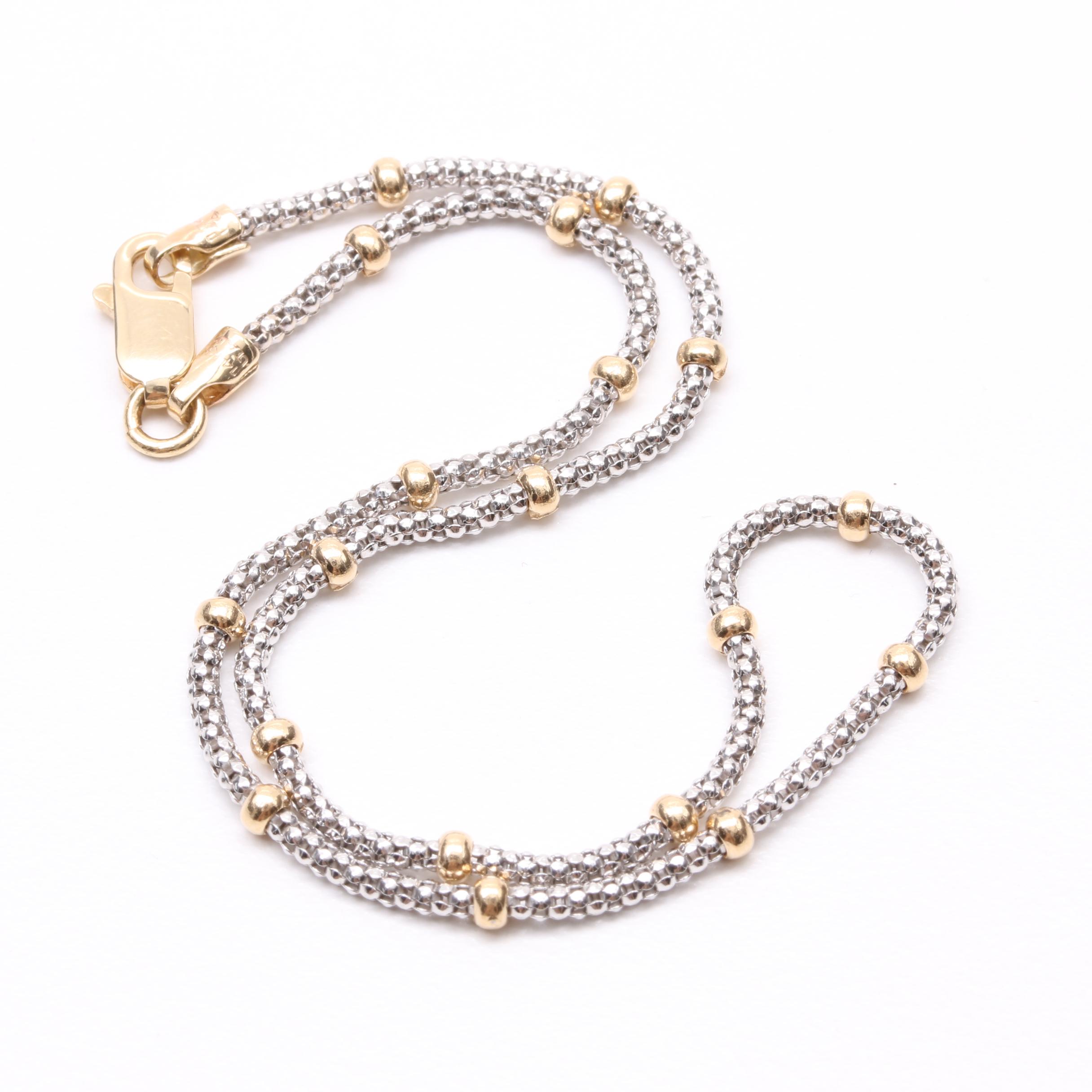 14K White Gold Popcorn Chain Anklet With Yellow Gold Accents