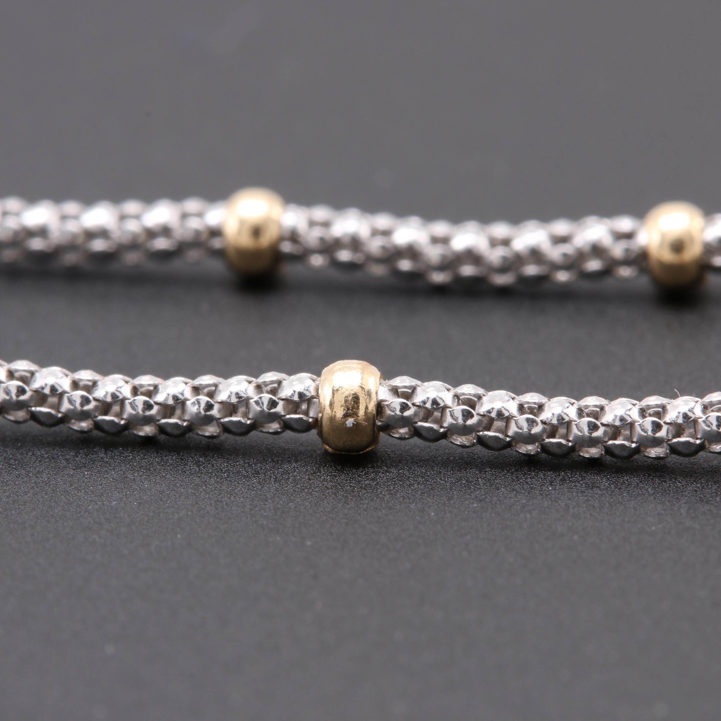 14K White Gold Popcorn Chain Anklet With Yellow Gold Accents
