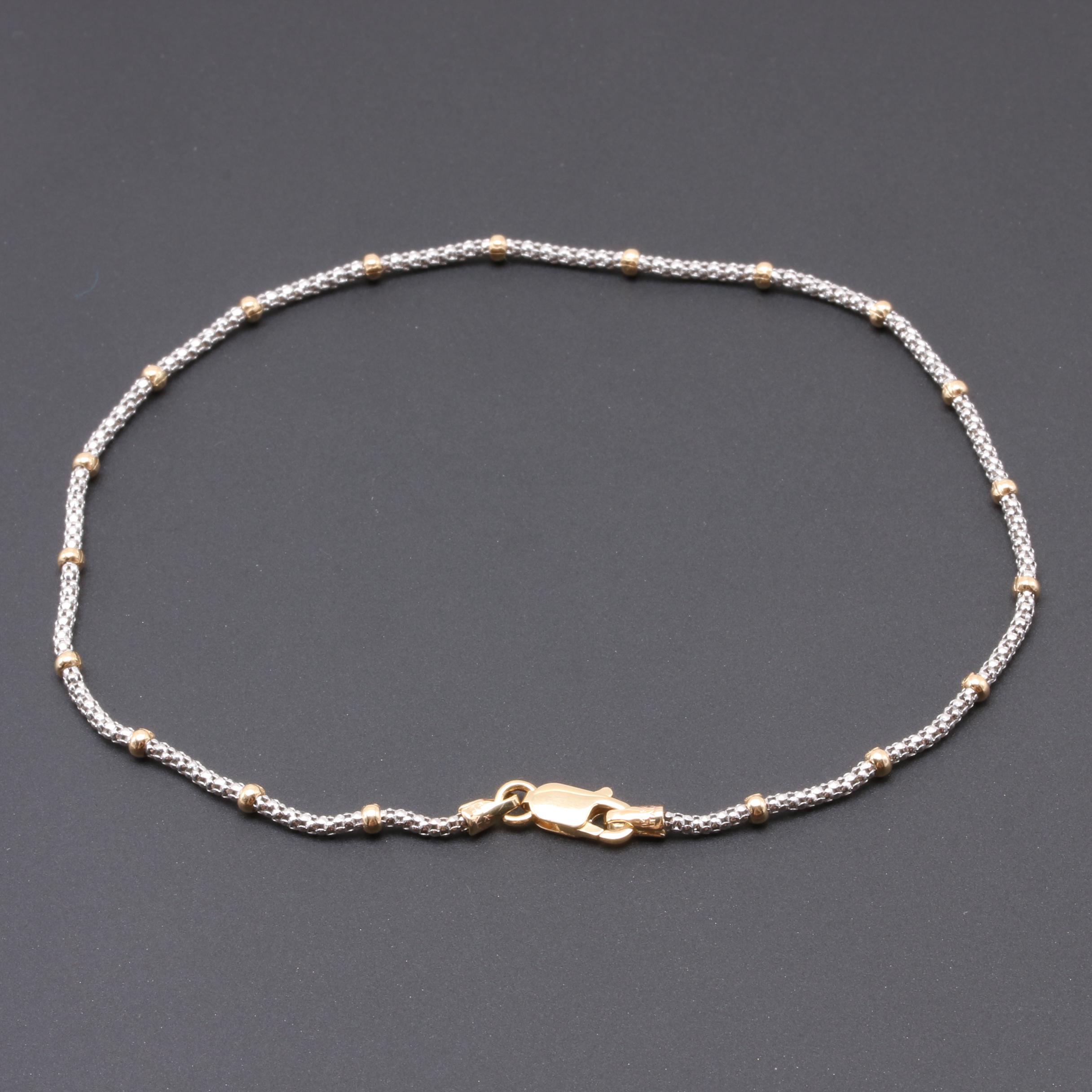 14K White Gold Popcorn Chain Anklet With Yellow Gold Accents
