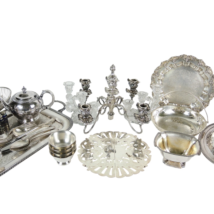 Silver Plated Tableware and Crystal Candleholders including Oneida "Fiesta"