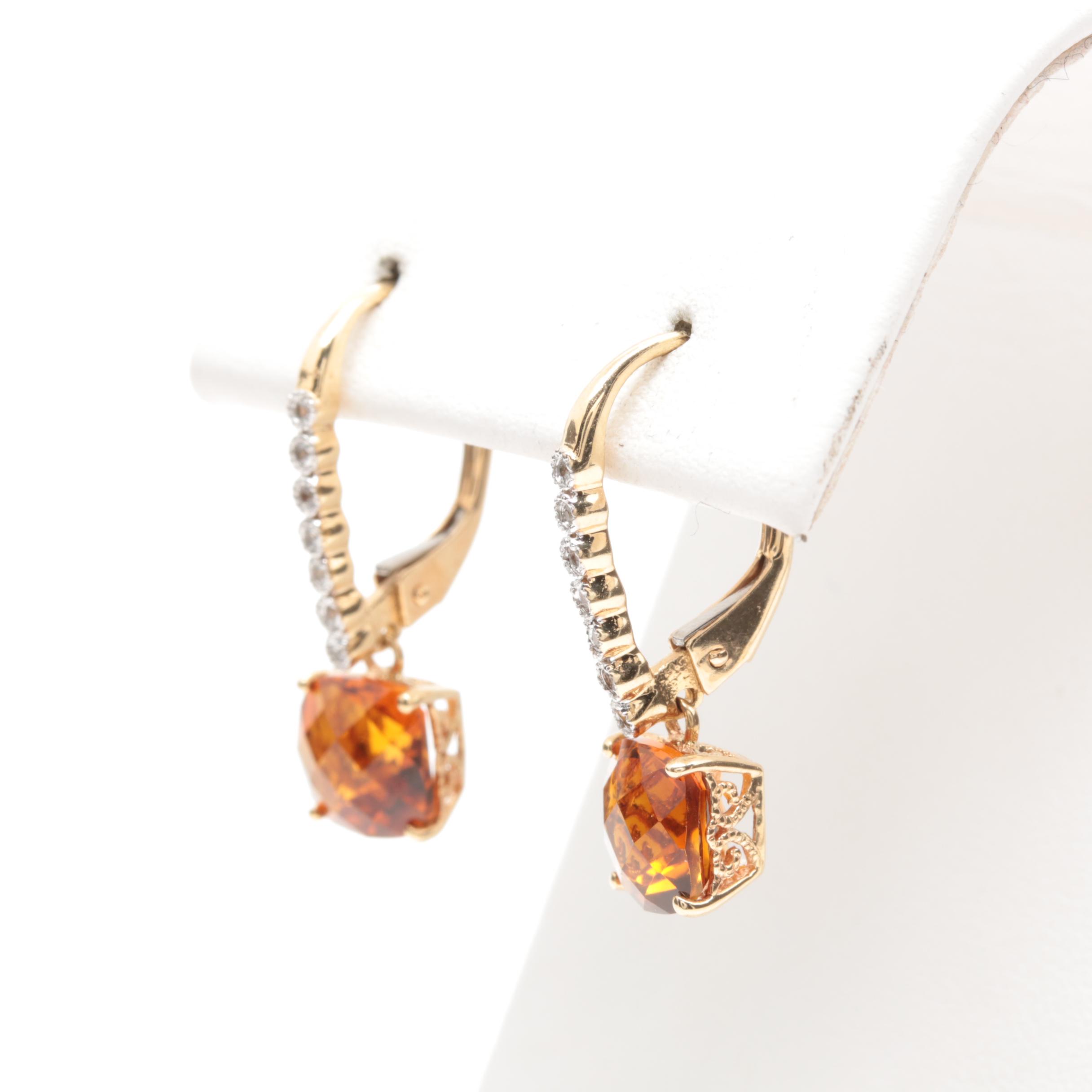 10K and 14K Yellow Gold Citrine and White Topaz Necklace and Earring Set