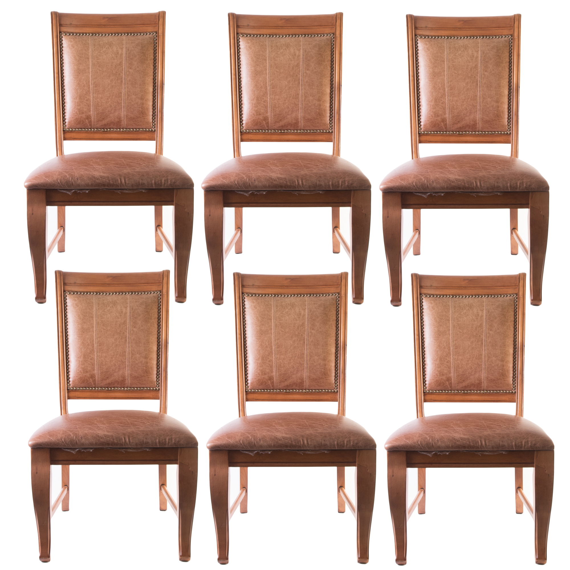Six Wood and Leather Dining Chairs