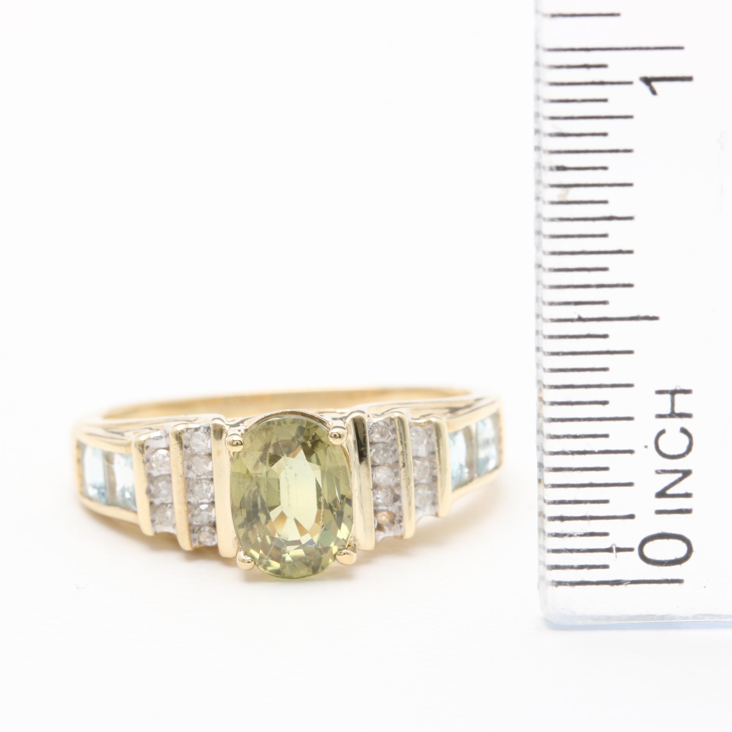 10K Yellow Gold Sapphire Ring with Diamond and Aquamarine