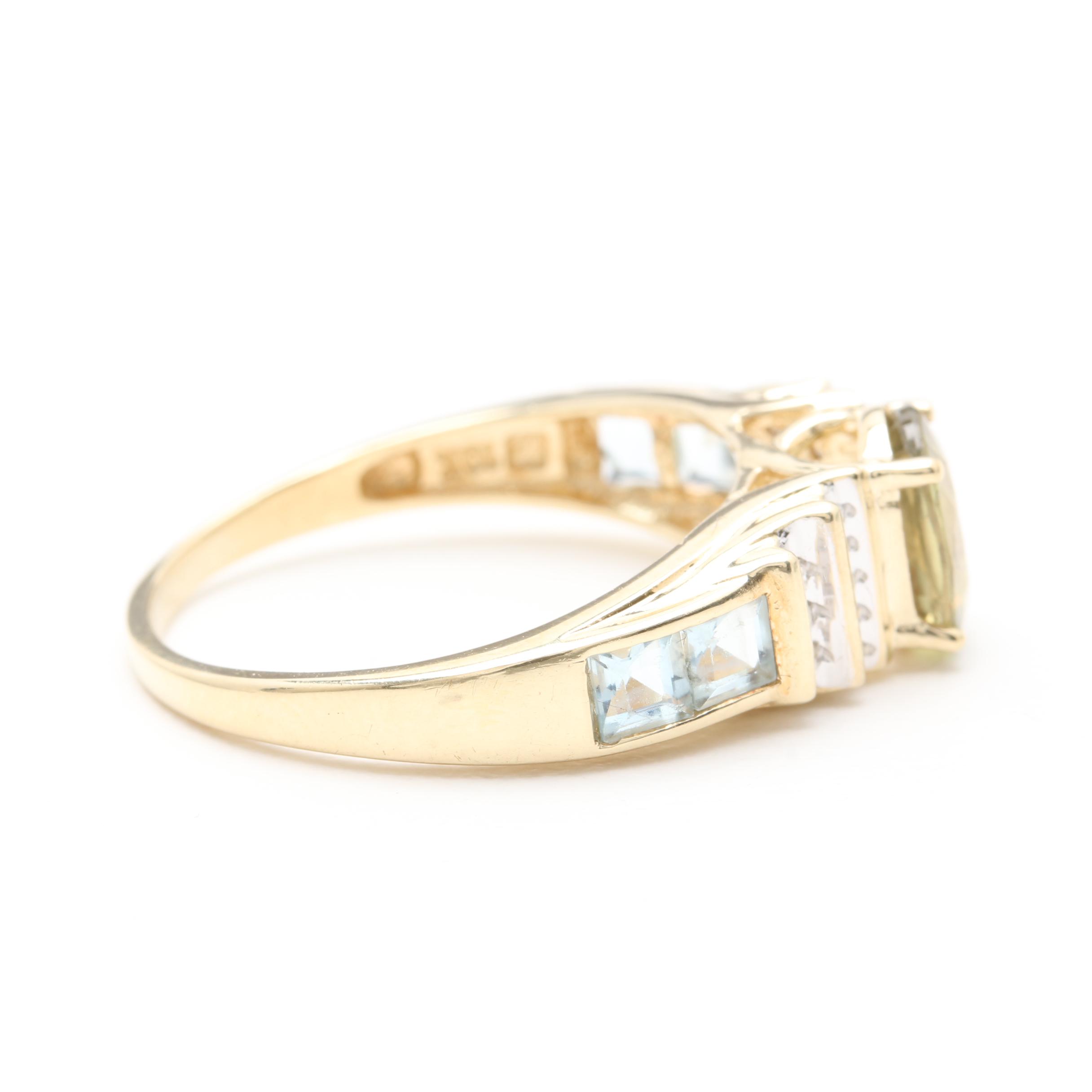 10K Yellow Gold Sapphire Ring with Diamond and Aquamarine