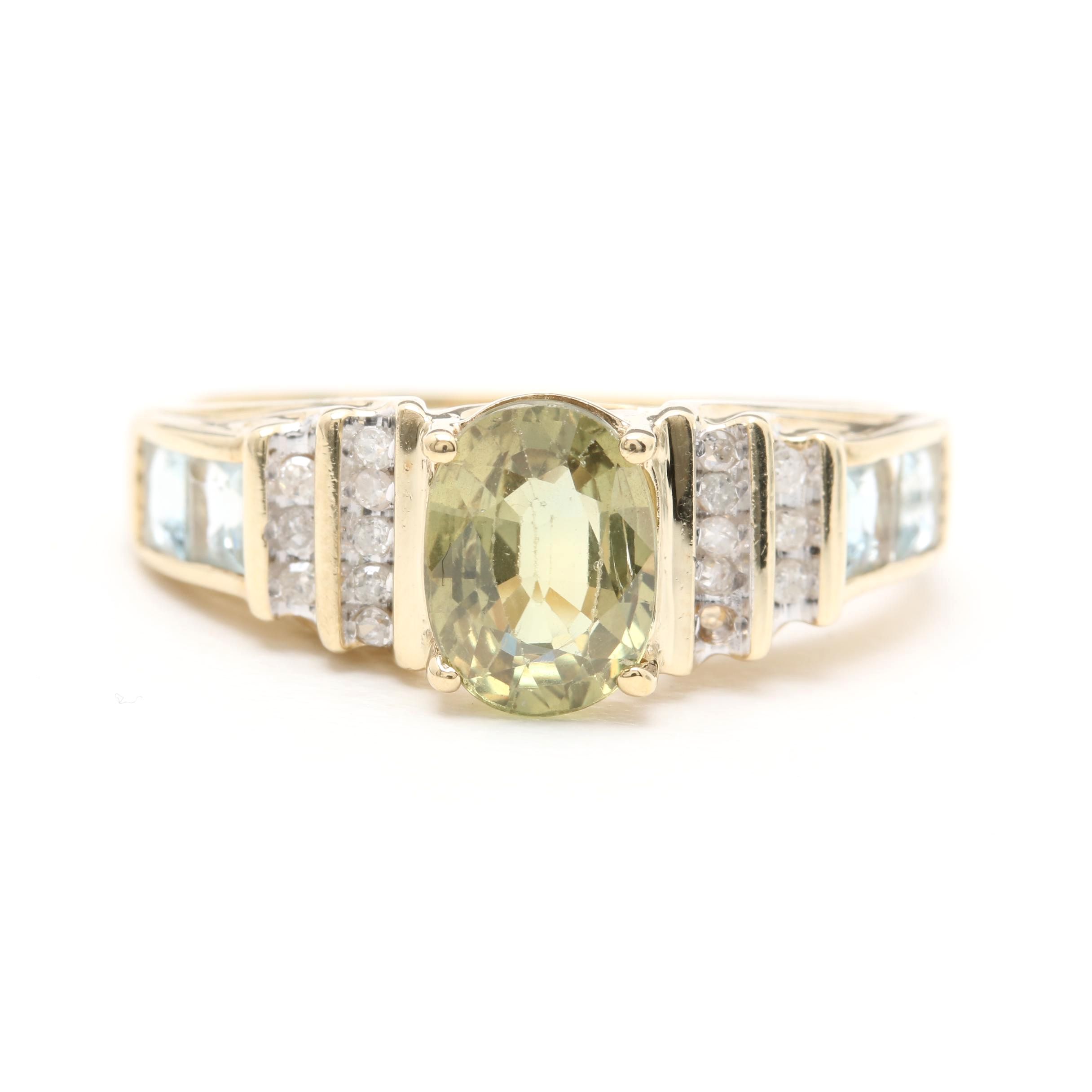 10K Yellow Gold Sapphire Ring with Diamond and Aquamarine