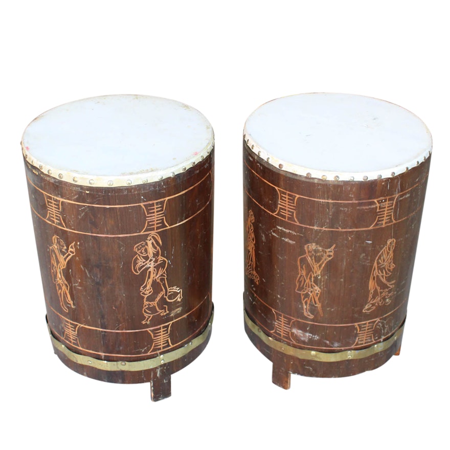 Pair of Carved Wood Drums