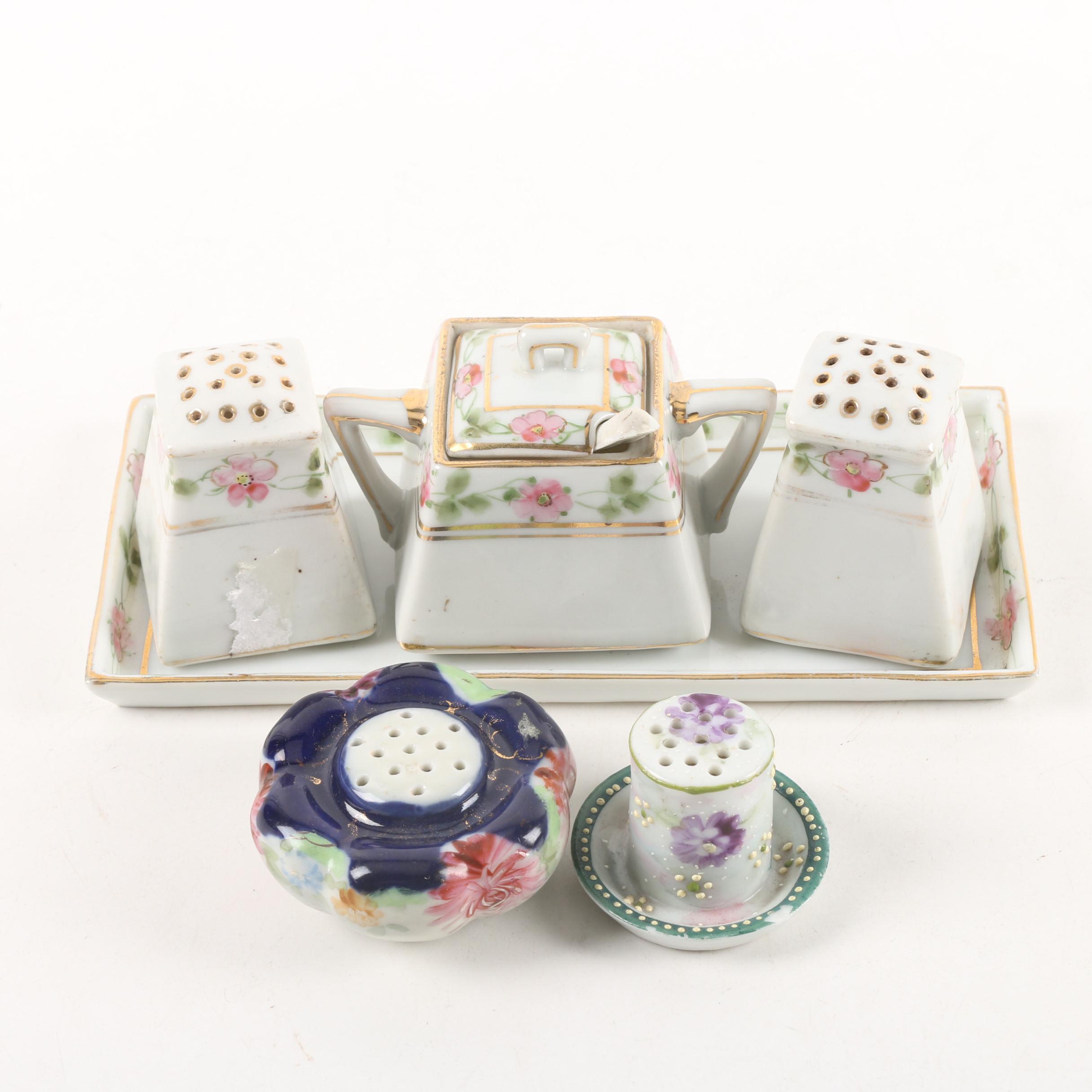 Vintage Nippon Porcelain Condiment Tray with Hat Pin Holders