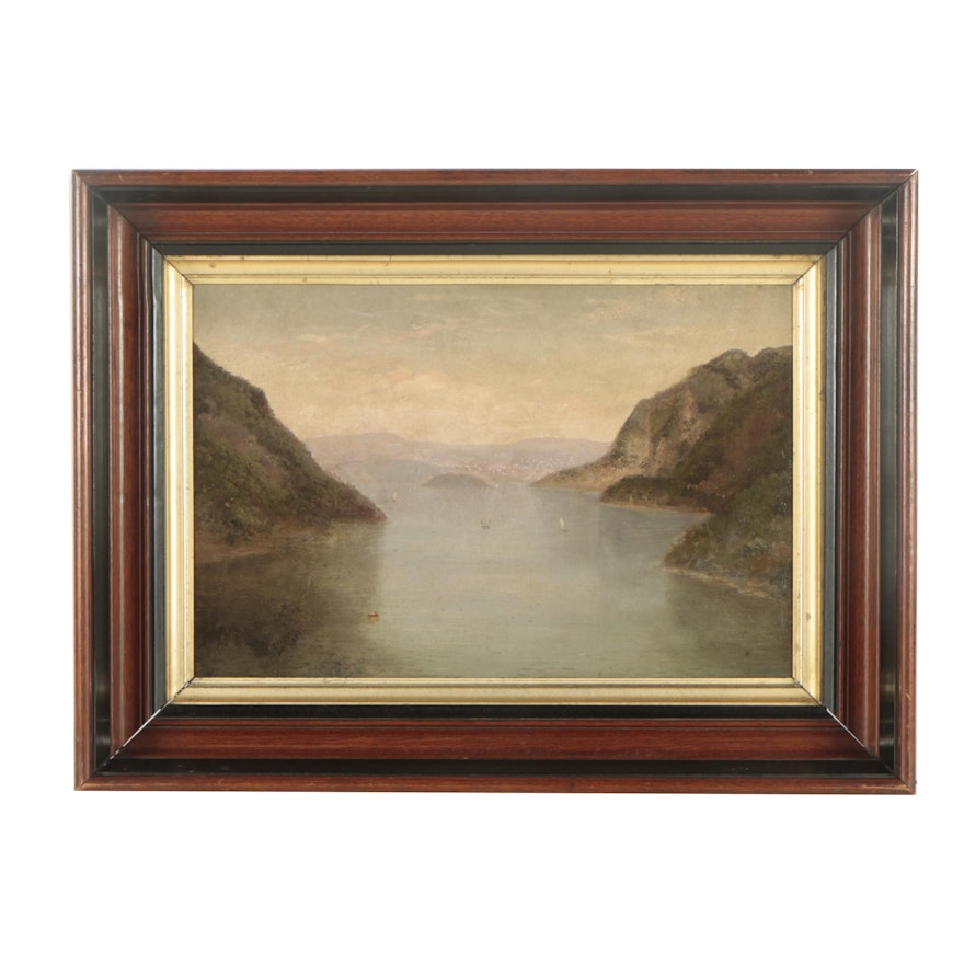 19th Century Oil Painting of a Mountain Lake Landscape