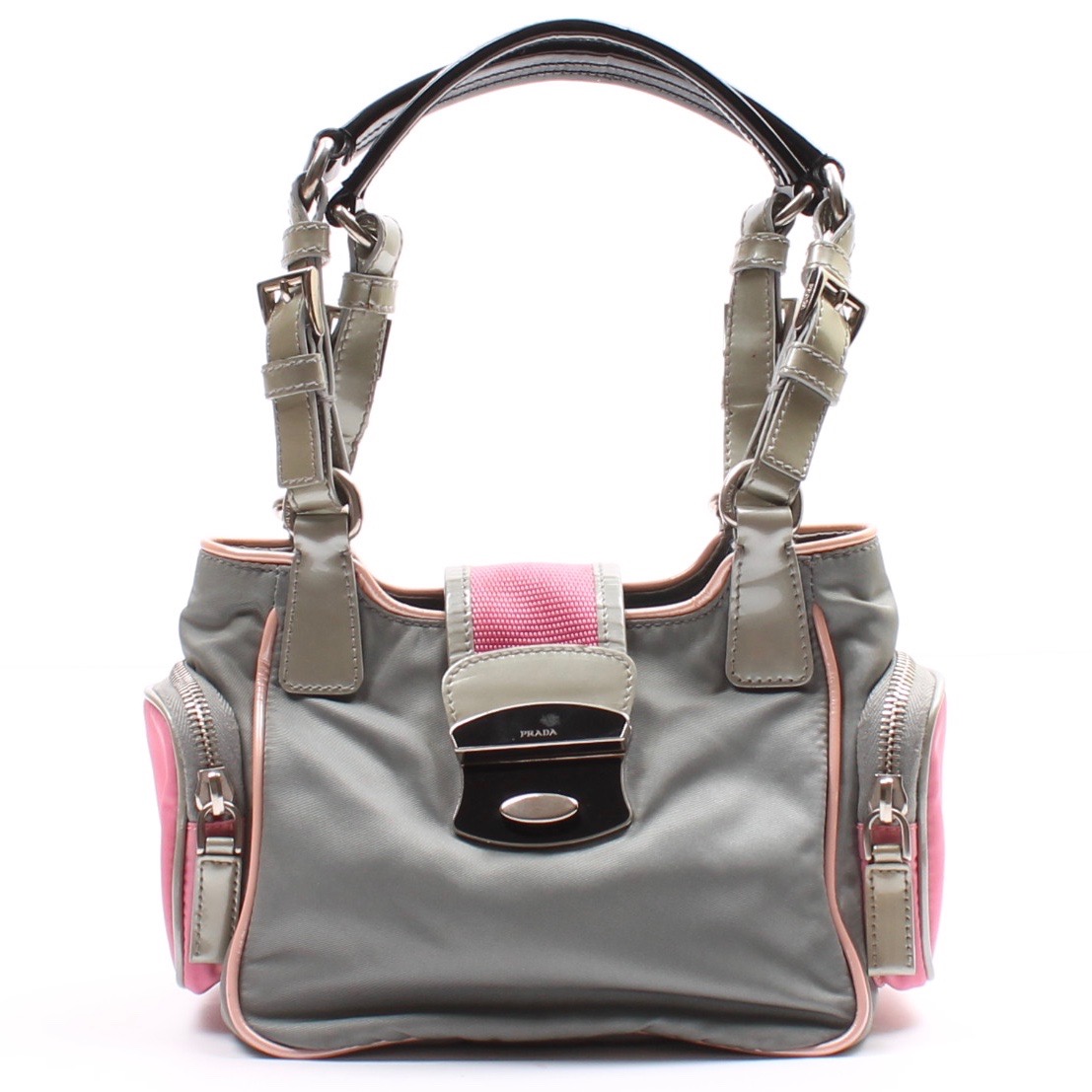 Prada Grey Nylon and Patent Leather Handbag Accented in Pink