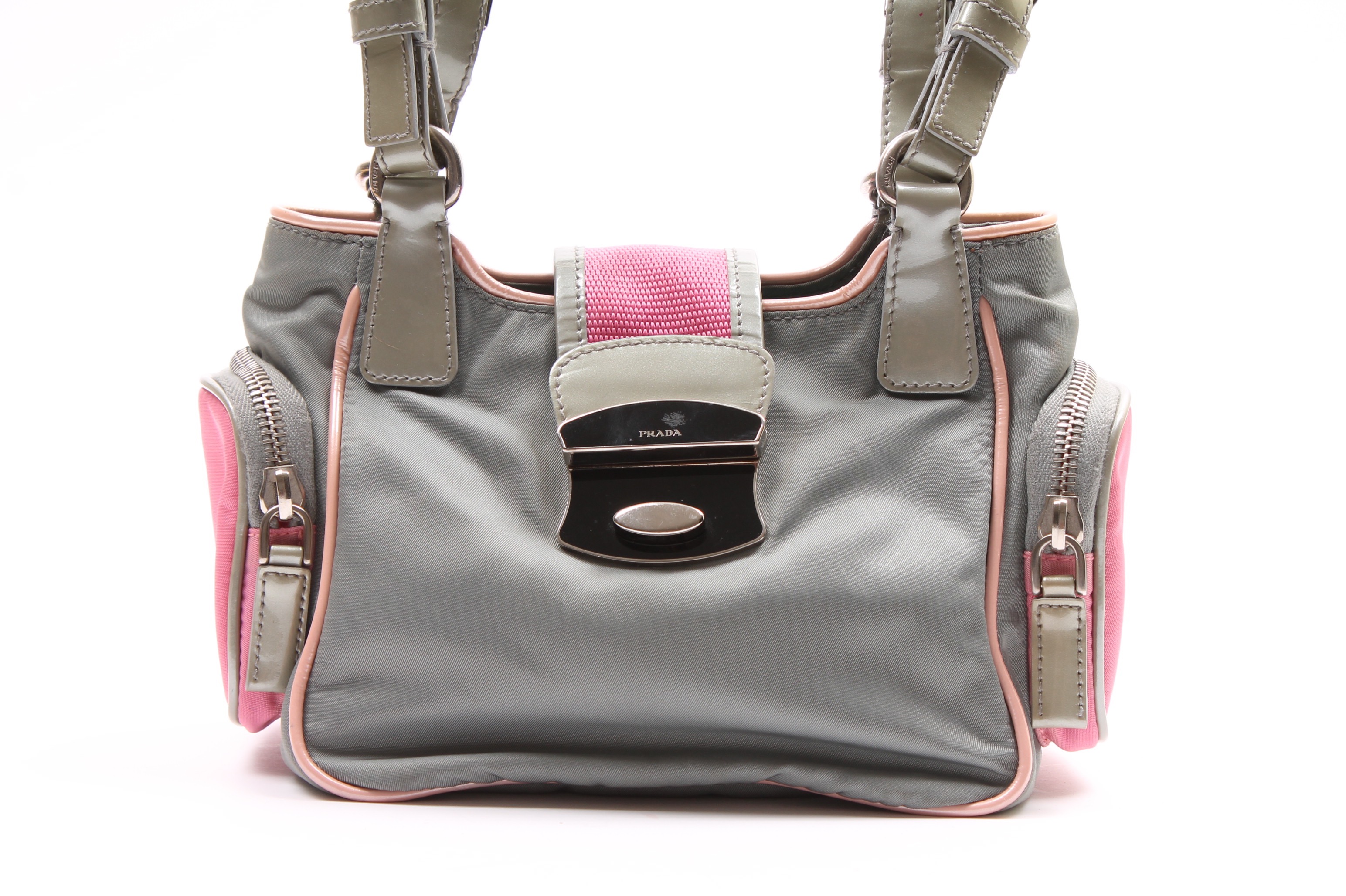 Prada Grey Nylon and Patent Leather Handbag Accented in Pink
