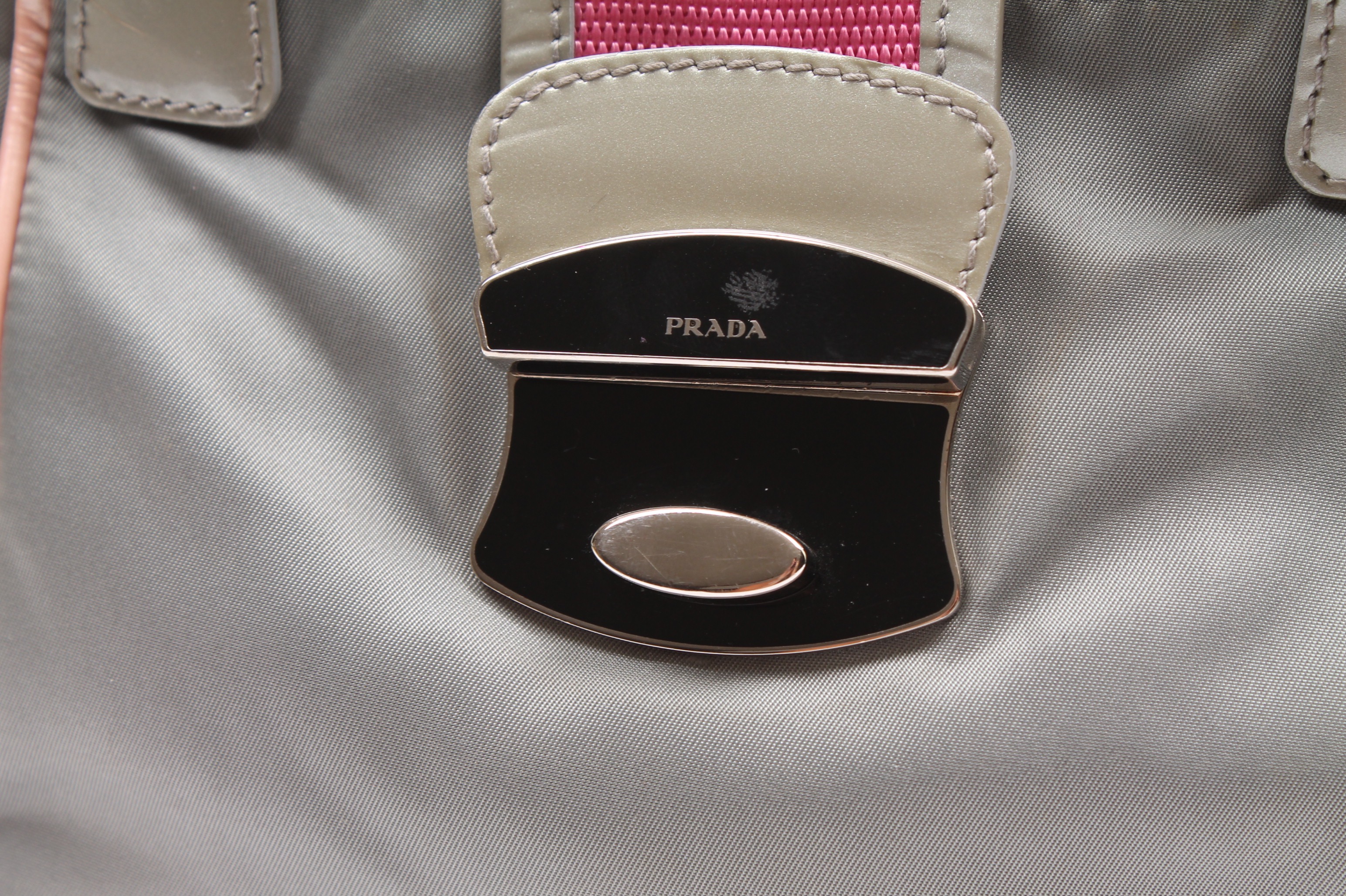 Prada Grey Nylon and Patent Leather Handbag Accented in Pink