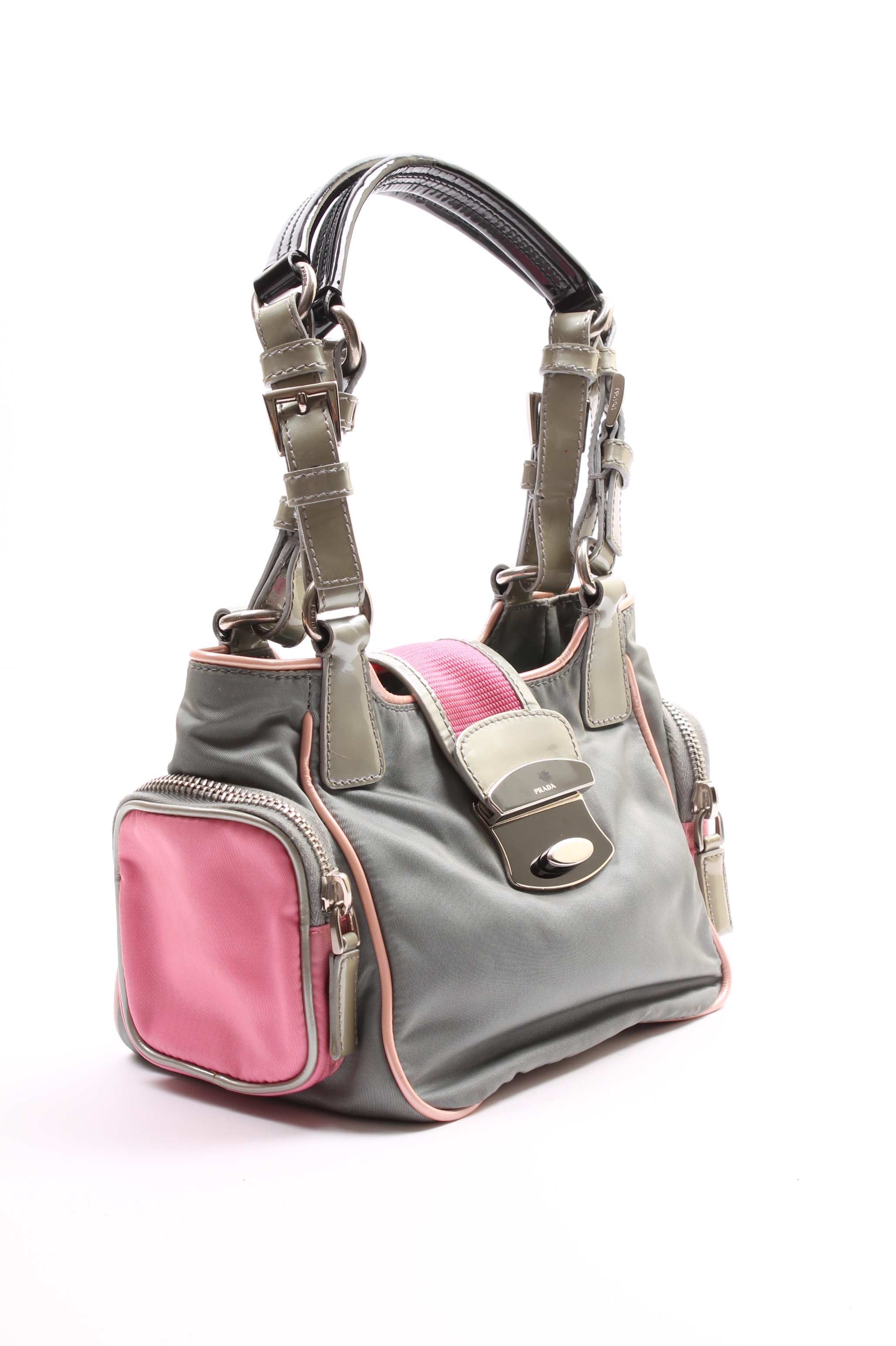 Prada Grey Nylon and Patent Leather Handbag Accented in Pink