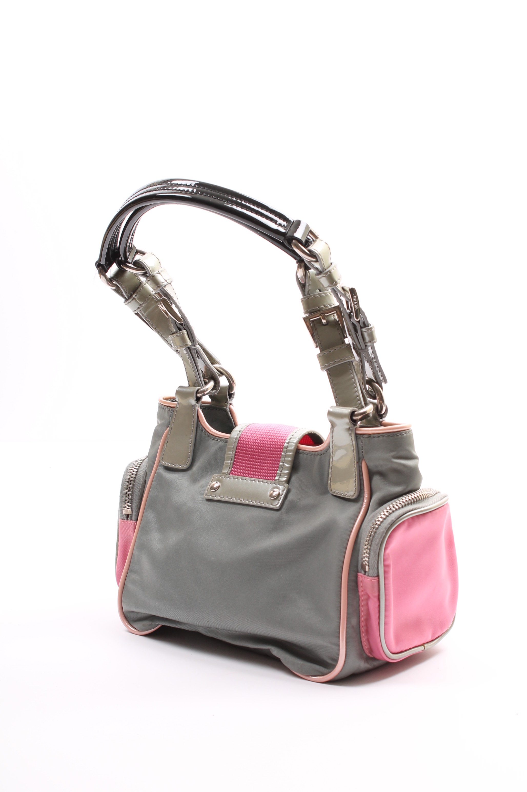 Prada Grey Nylon and Patent Leather Handbag Accented in Pink
