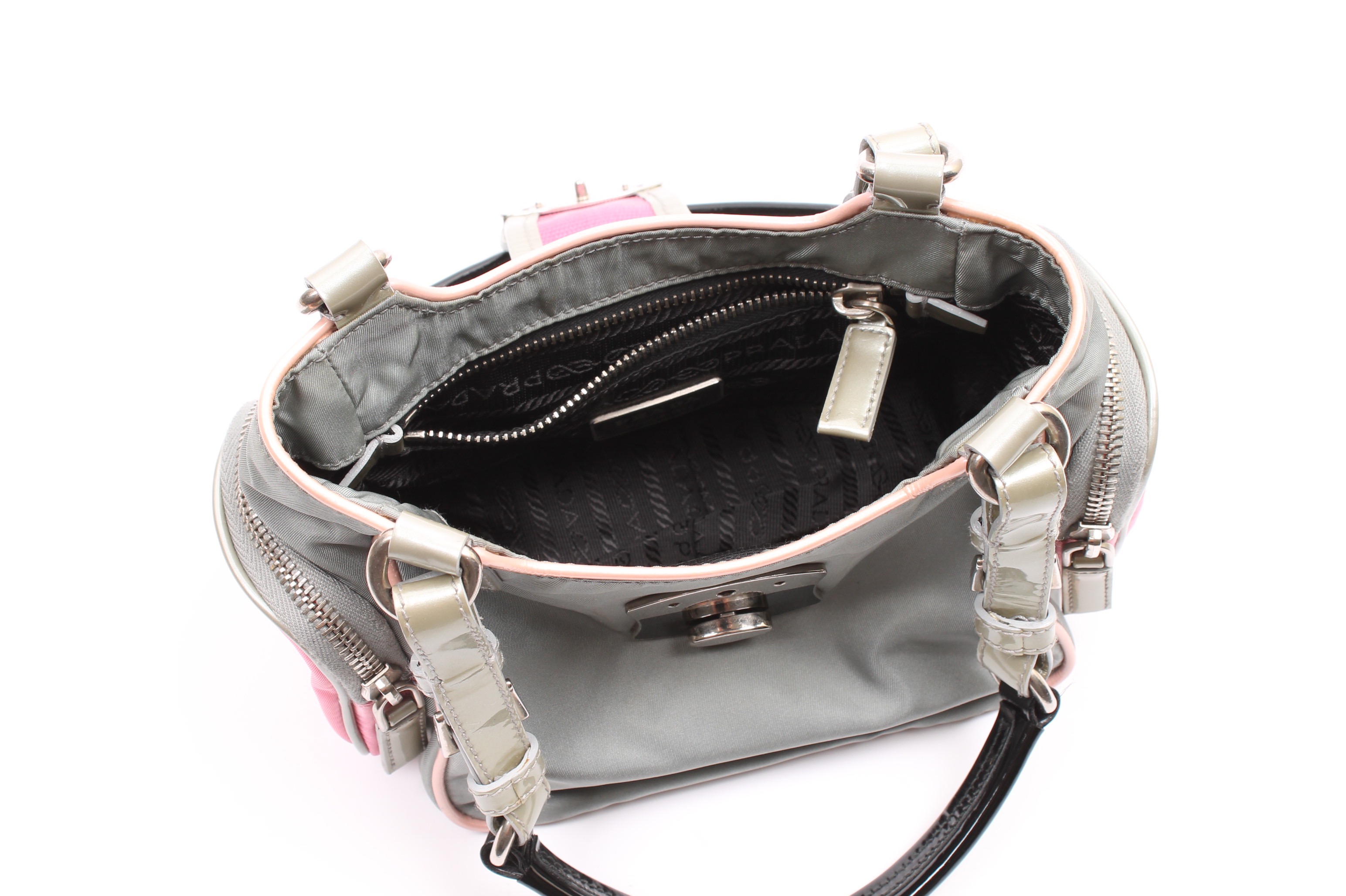 Prada Grey Nylon and Patent Leather Handbag Accented in Pink