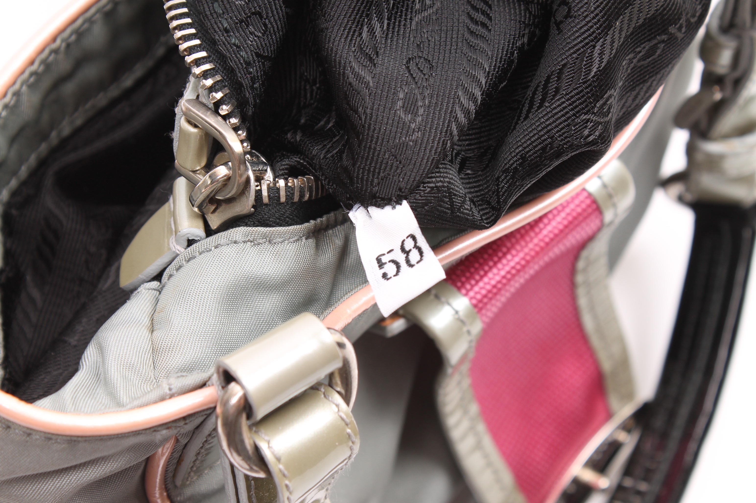 Prada Grey Nylon and Patent Leather Handbag Accented in Pink