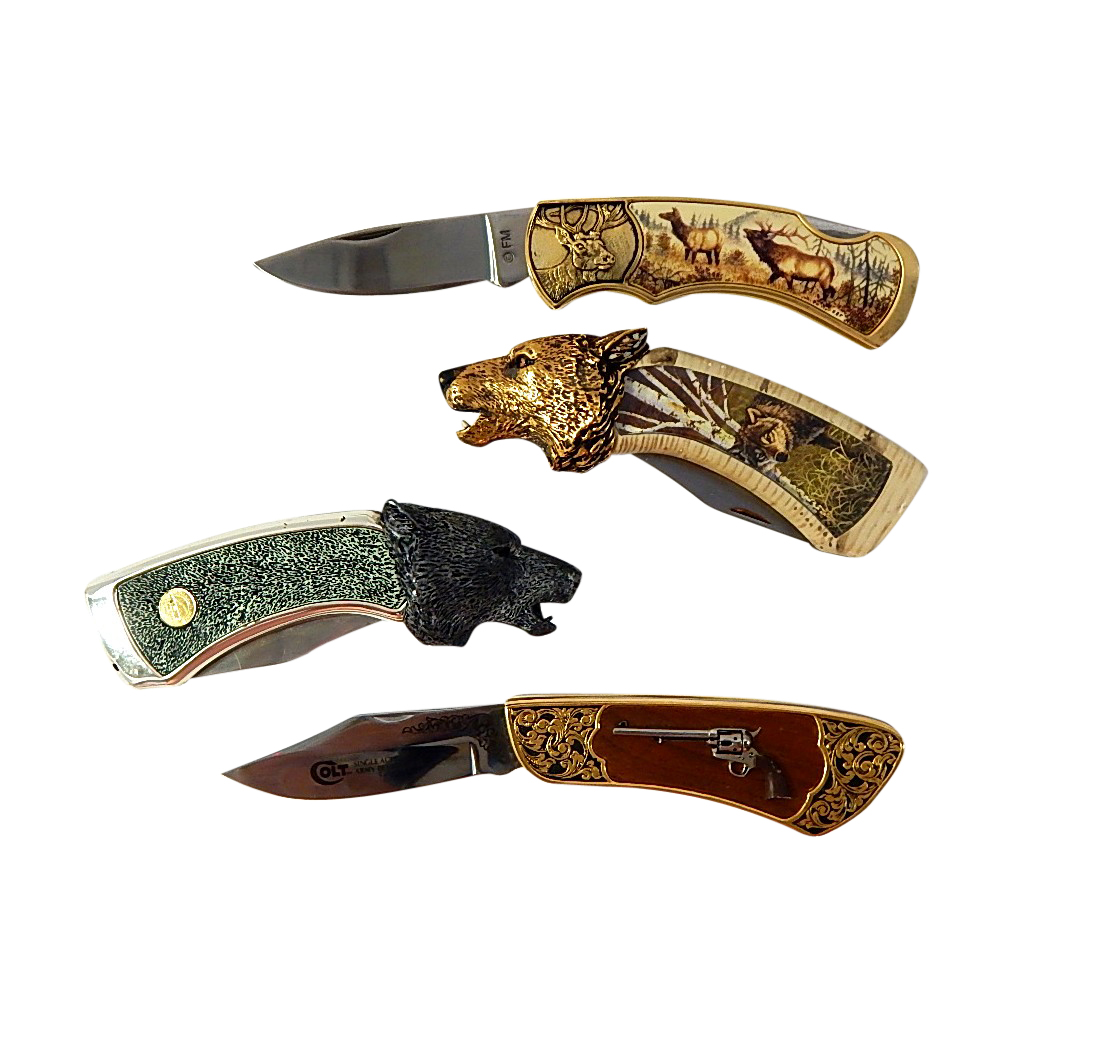 Franklin Mint Collectors Knives with Timber Wolf, Colt Revolver, Moose