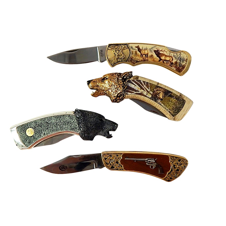 Franklin Mint Collectors Knives with Timber Wolf, Colt Revolver, Moose