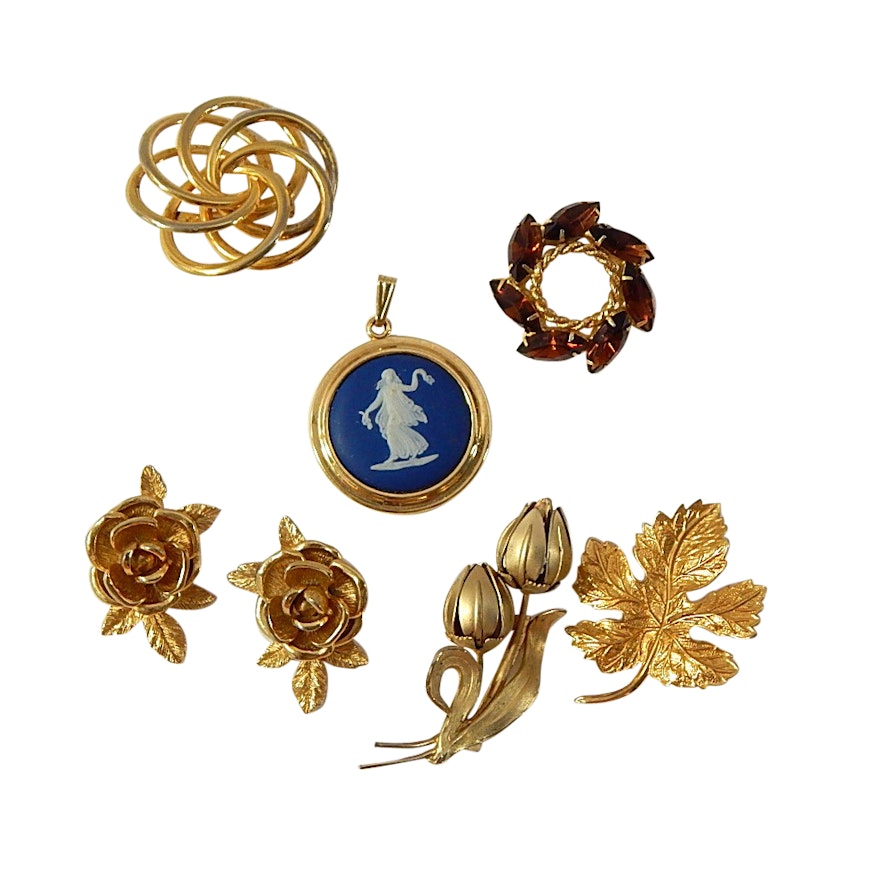 Wedgwood Pendant, Sarah Coventry Clip Earrings, Brooches