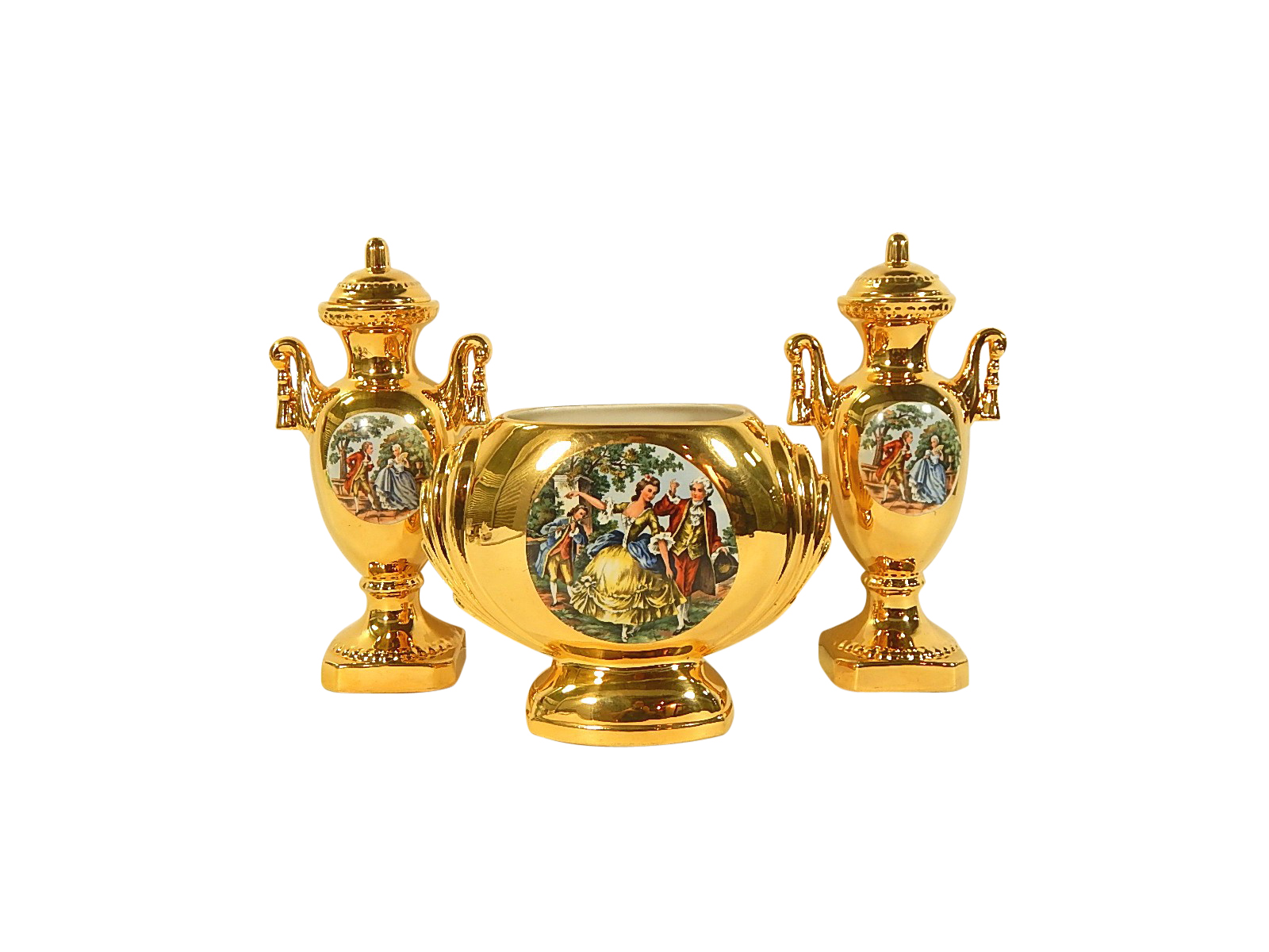 Vintage 3-Piece Warranted 22K Gold Footed Bowl and Lidded Urns