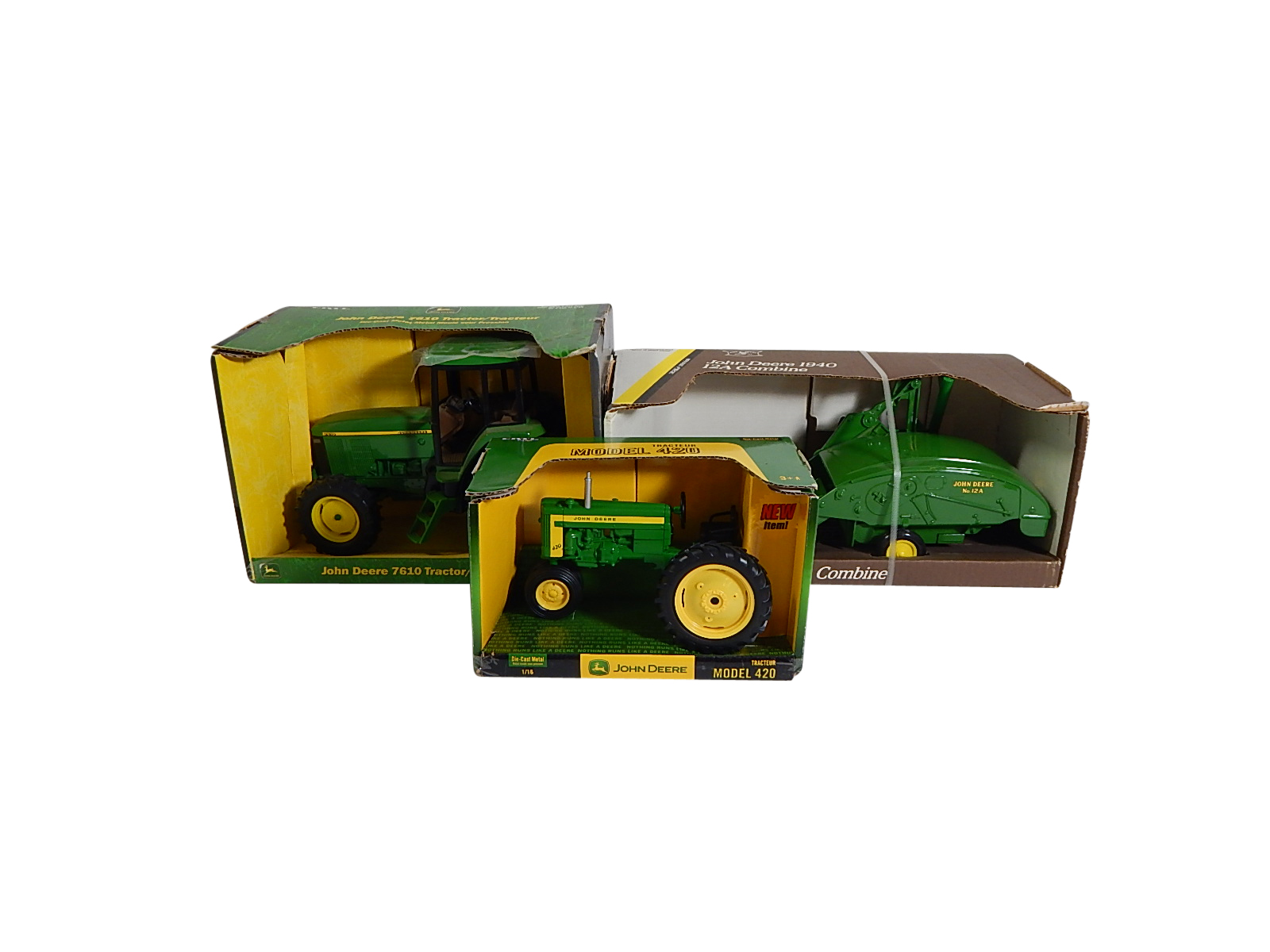 Three Ertl John Deer Tractors #7610, #420, 1940 12A Combine, New in Boxes