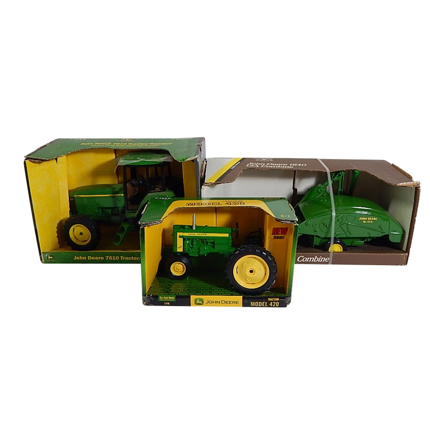 Three Ertl John Deer Tractors #7610, #420, 1940 12A Combine, New in Boxes