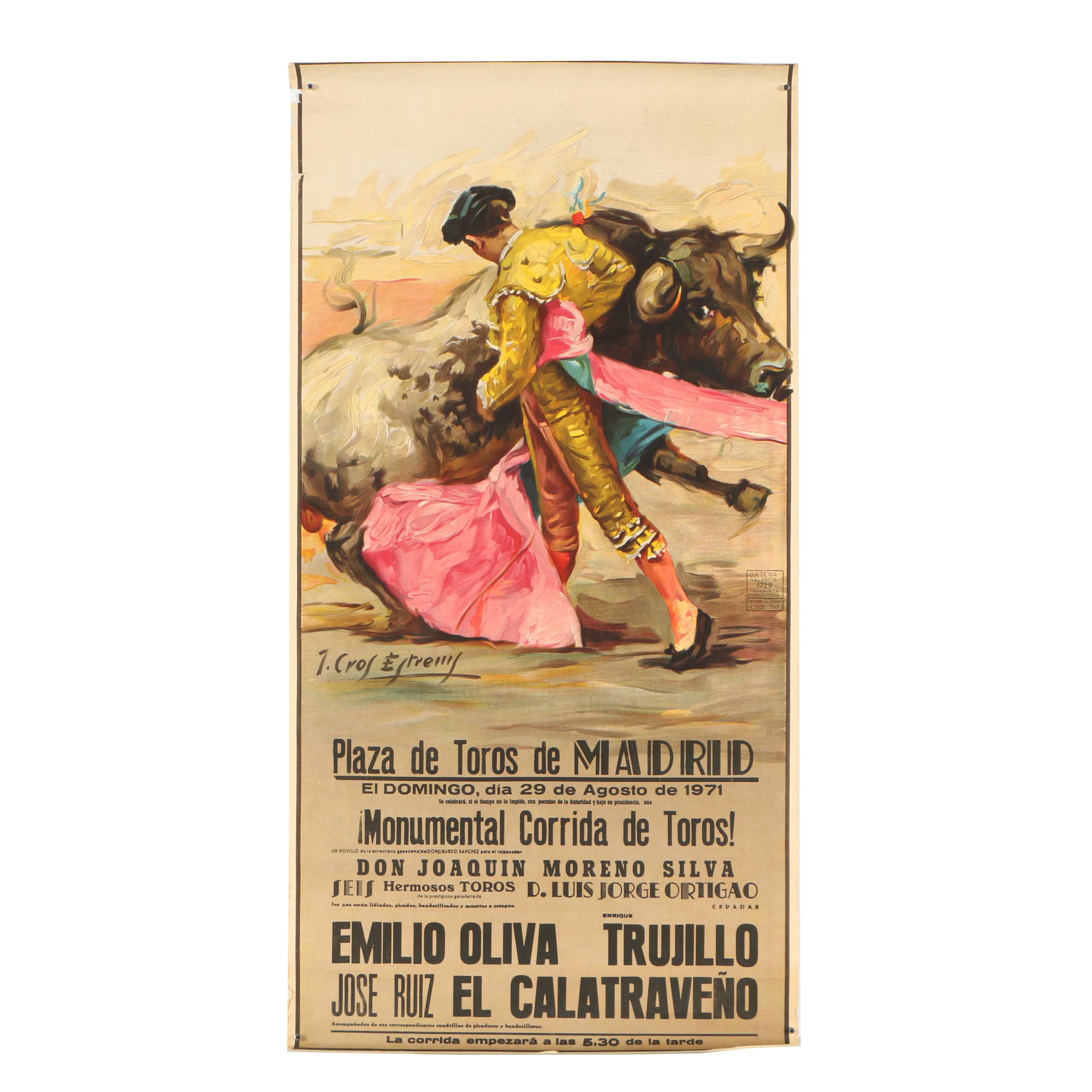 1971 Plaza de Toros de Madrid Bullfighting Poster after José Cros Estrems