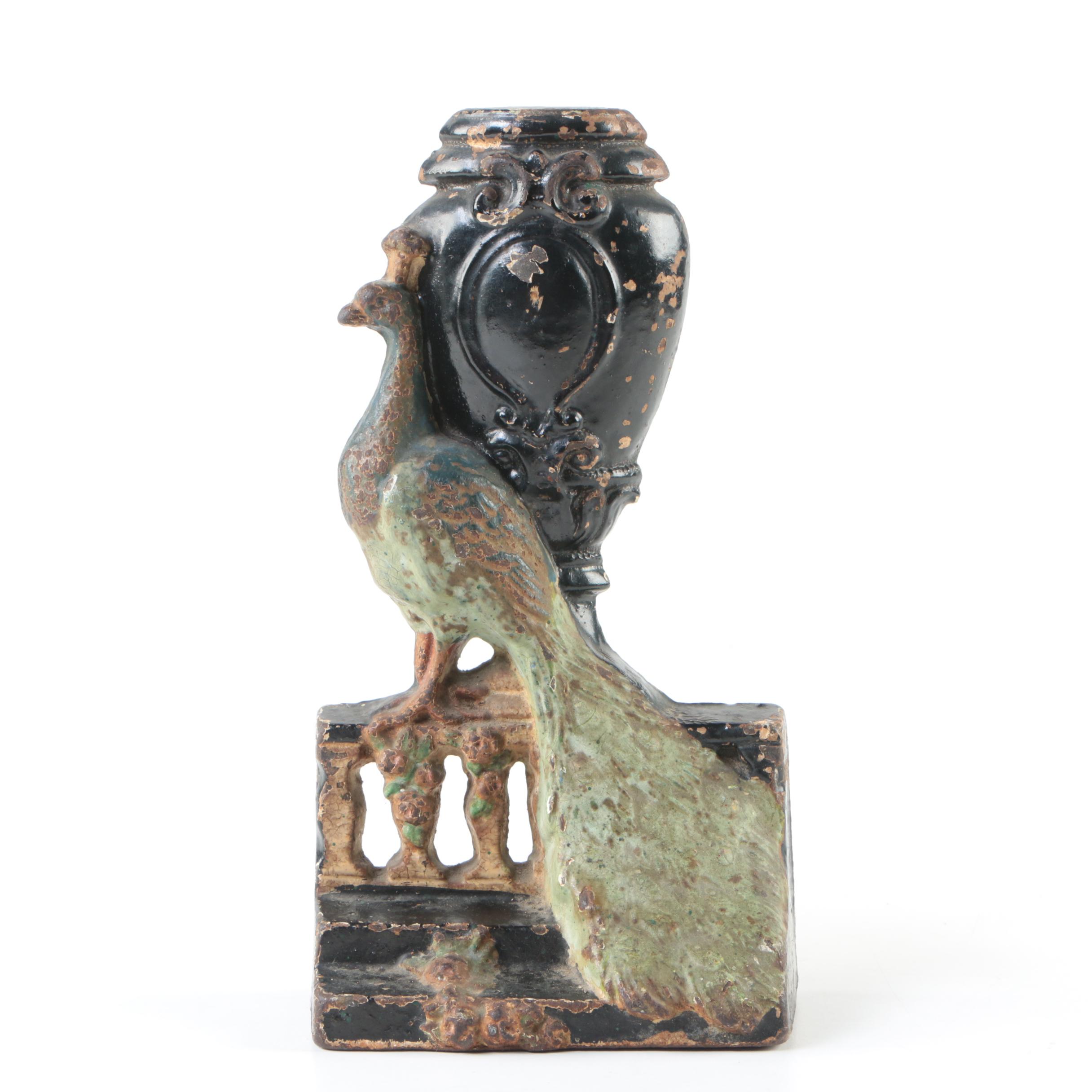 Hubley Art Nouveau "Peacock and Urn" Cast Iron Doorstop, Circa 1910