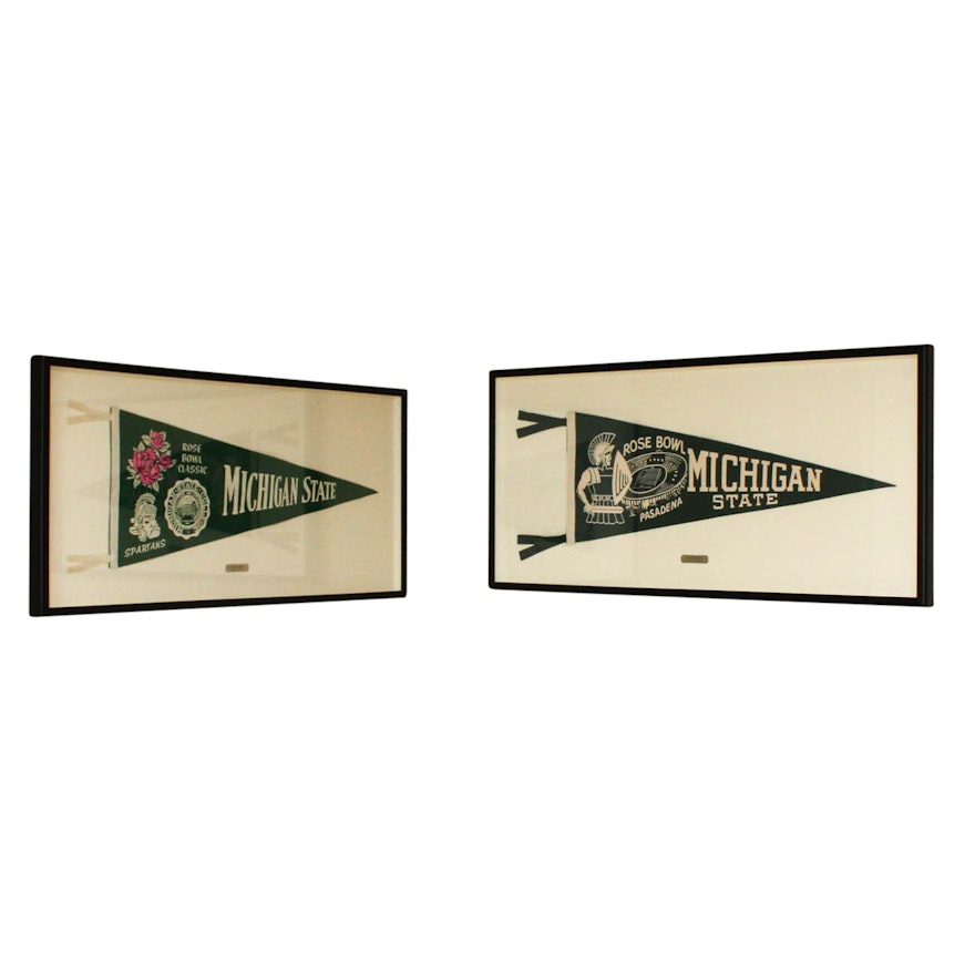 Vintage Framed Michigan State Pennant Flags Including the 1956 Rose Bowl