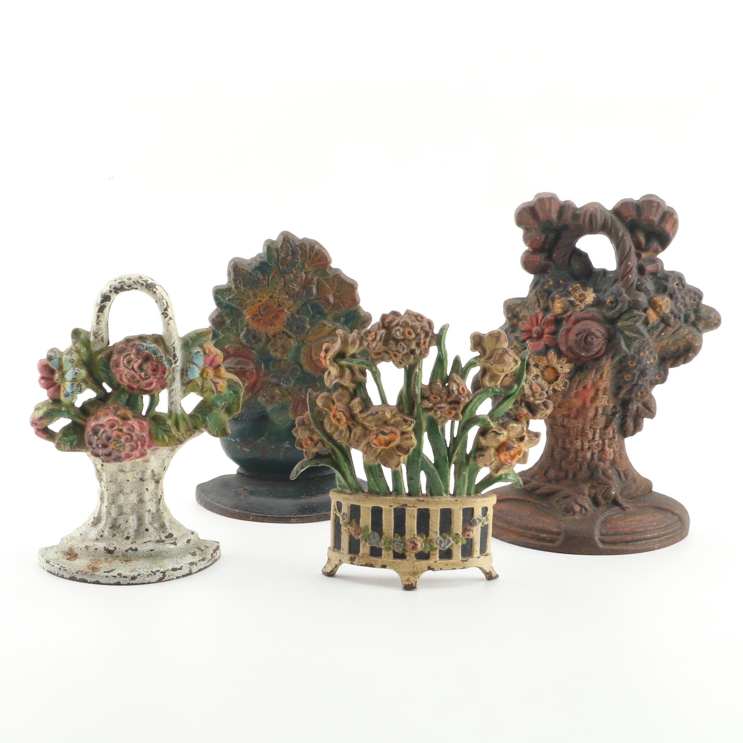 Vintage Floral Cast Iron Doorstops Featuring Hubley "Narcissus"