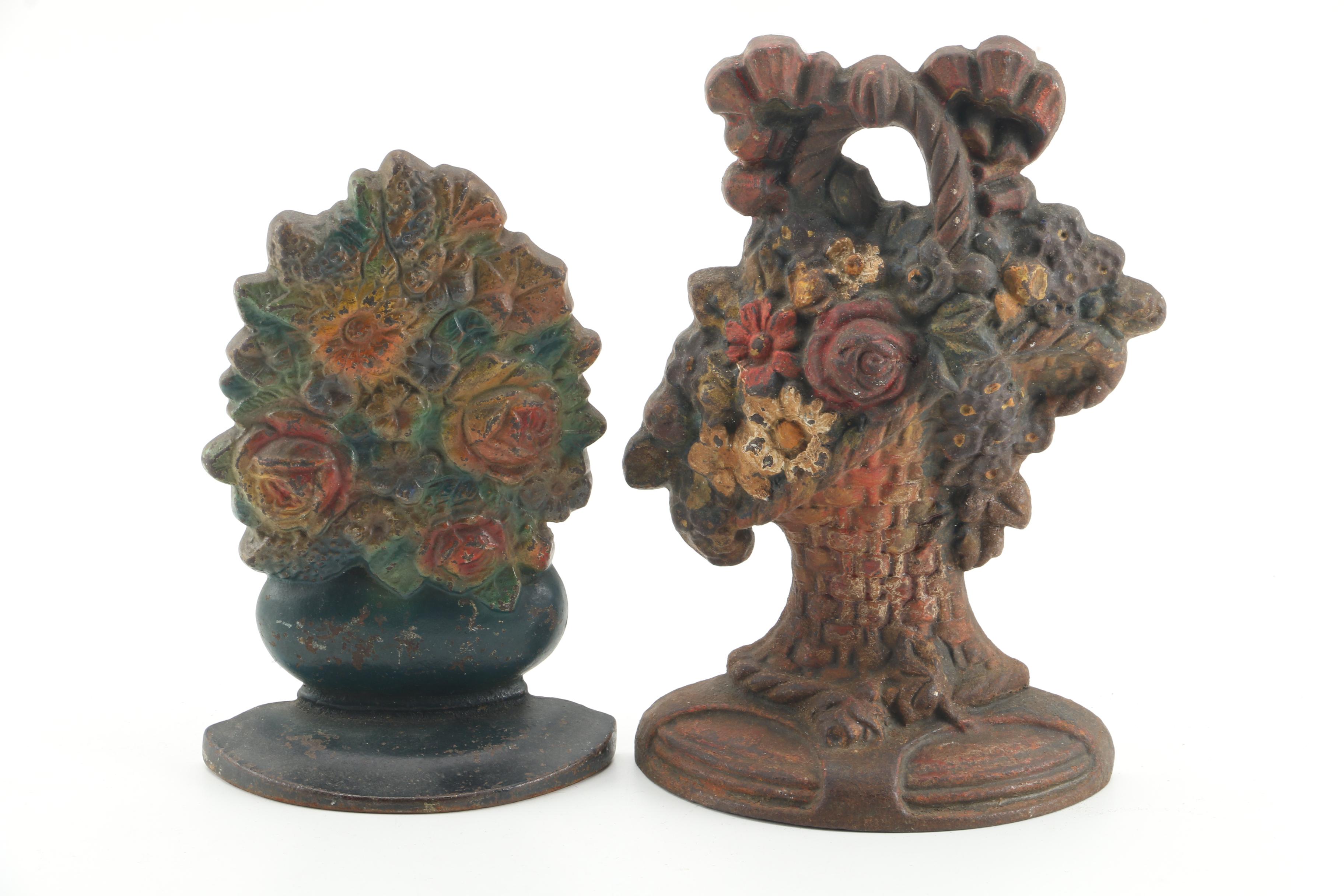 Vintage Floral Cast Iron Doorstops Featuring Hubley "Narcissus"