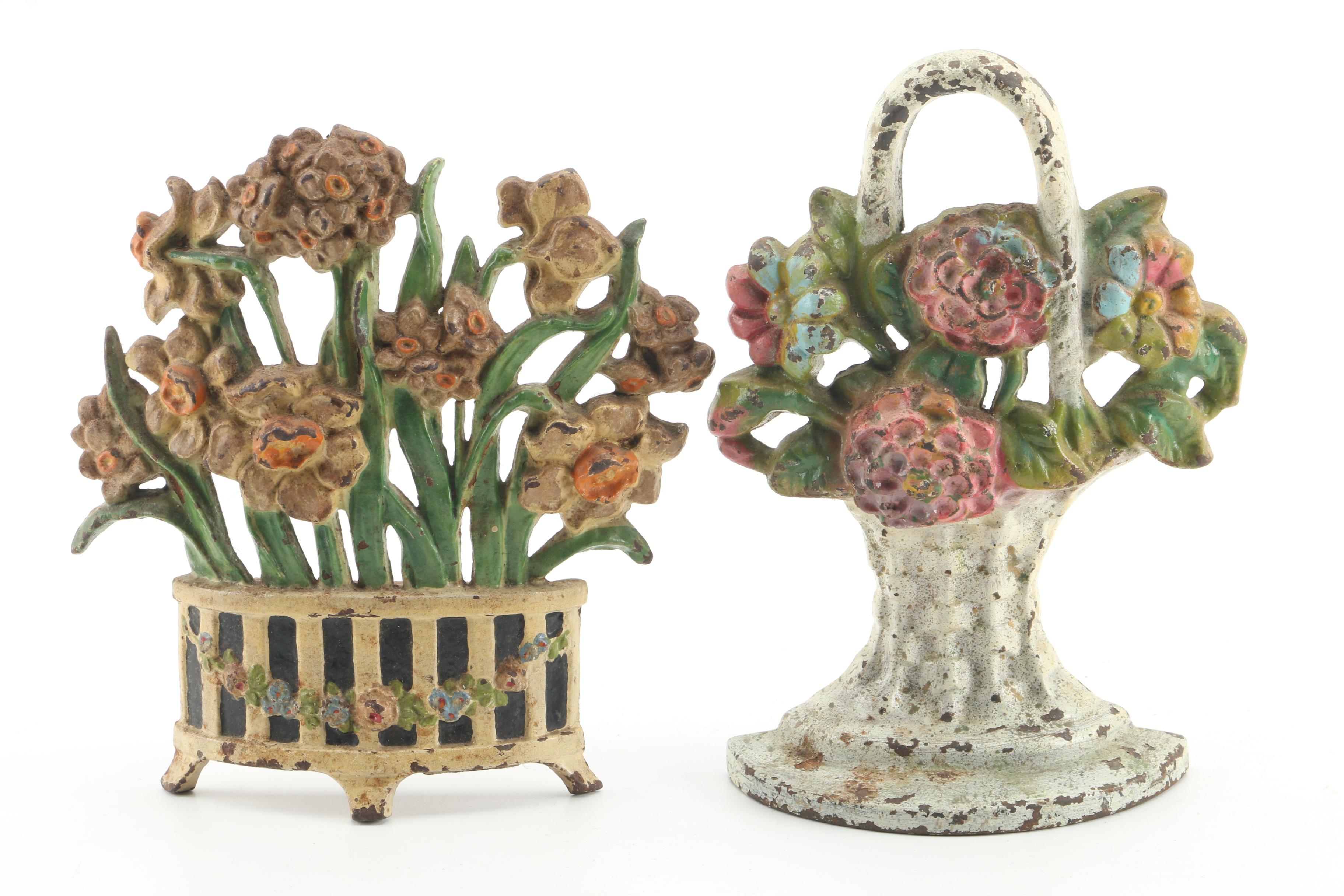 Vintage Floral Cast Iron Doorstops Featuring Hubley "Narcissus"