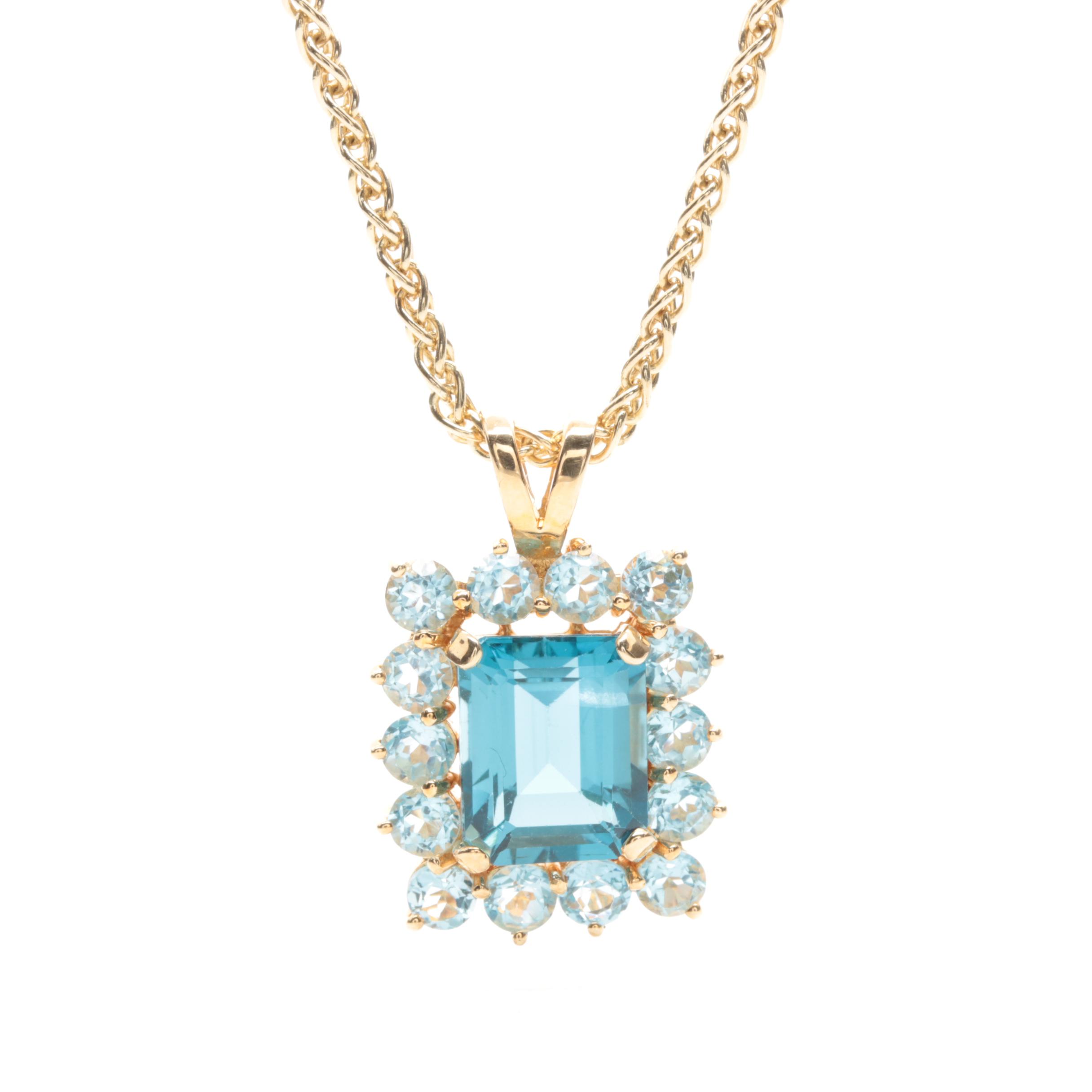 14K Yellow Gold Blue Topaz Pendant Necklace