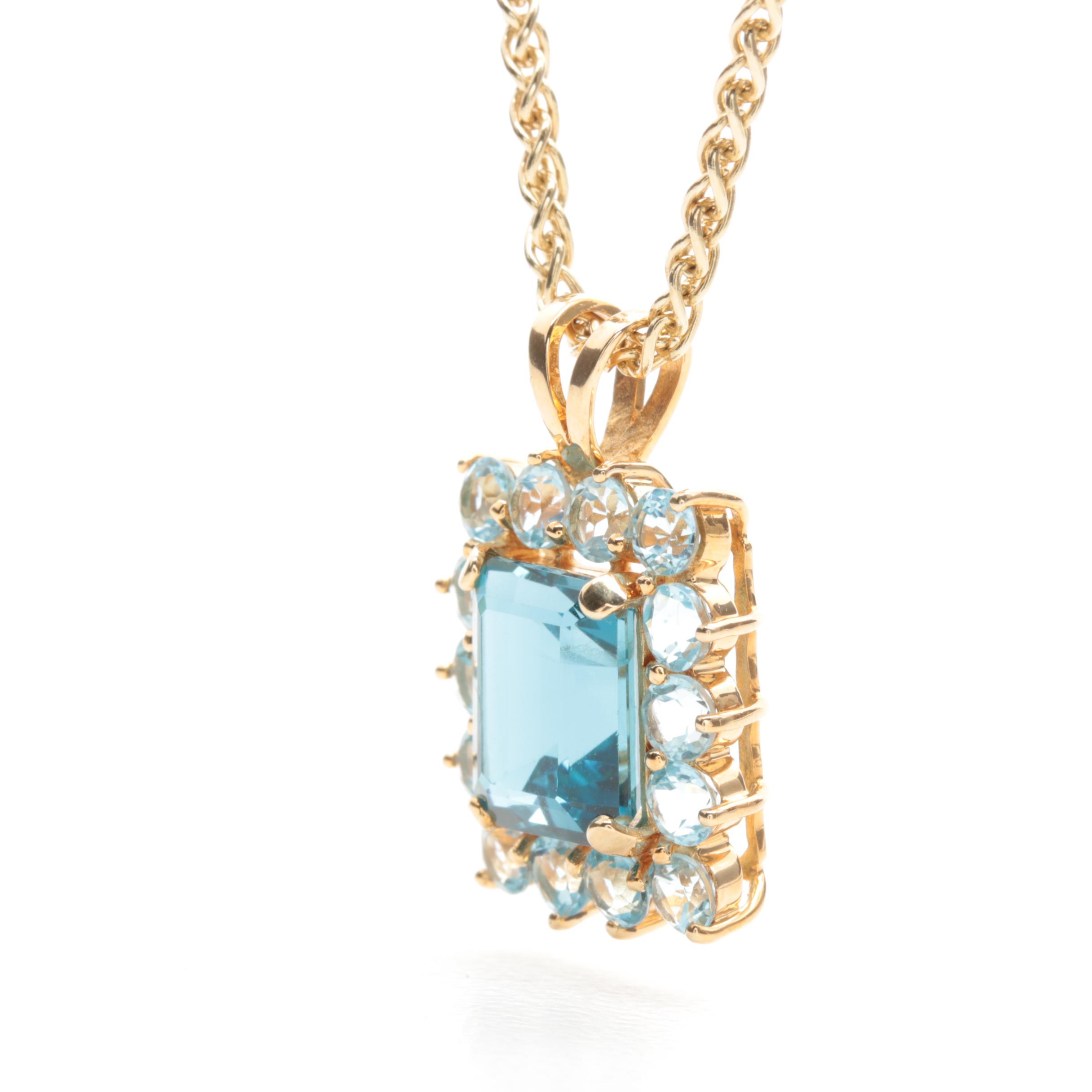 14K Yellow Gold Blue Topaz Pendant Necklace