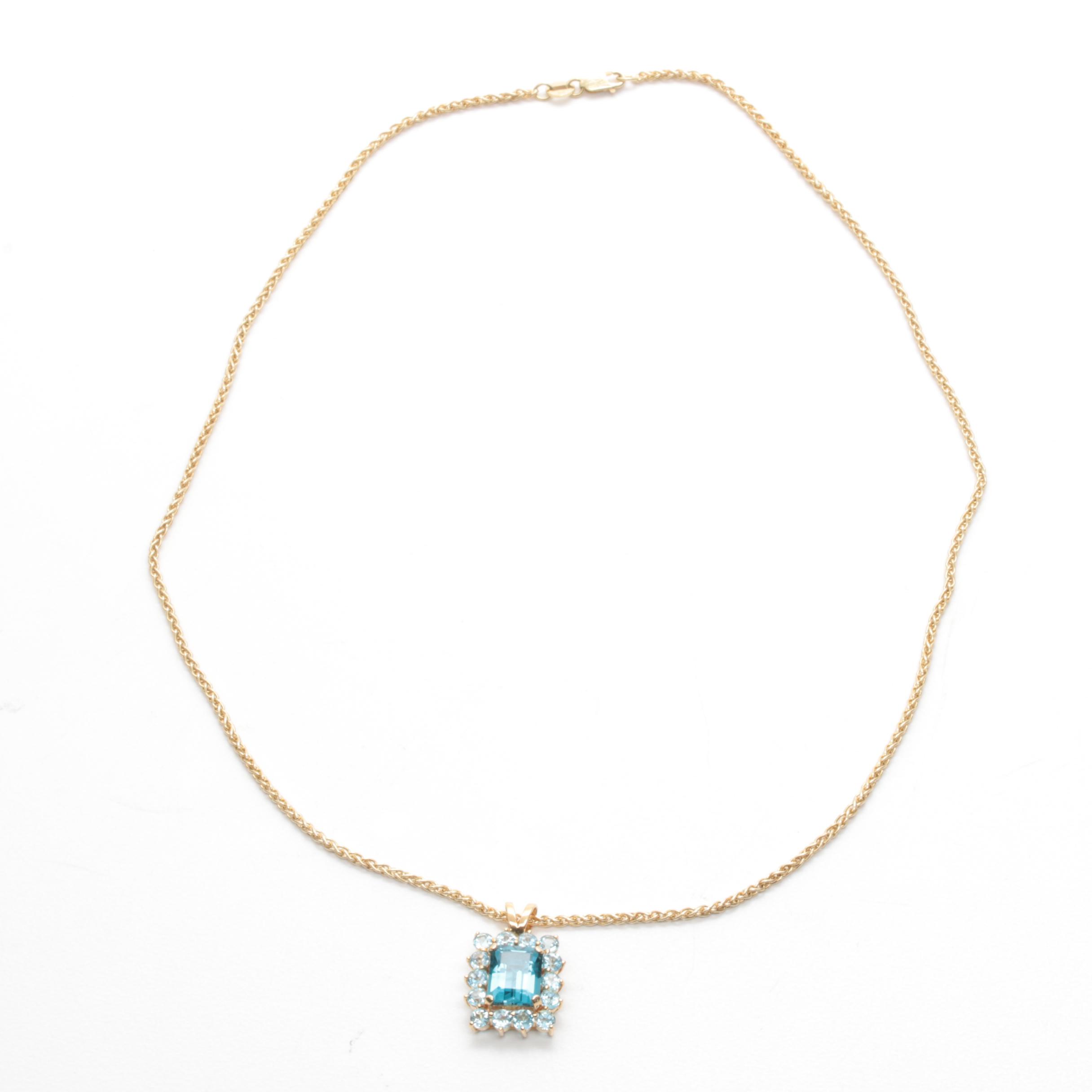 14K Yellow Gold Blue Topaz Pendant Necklace