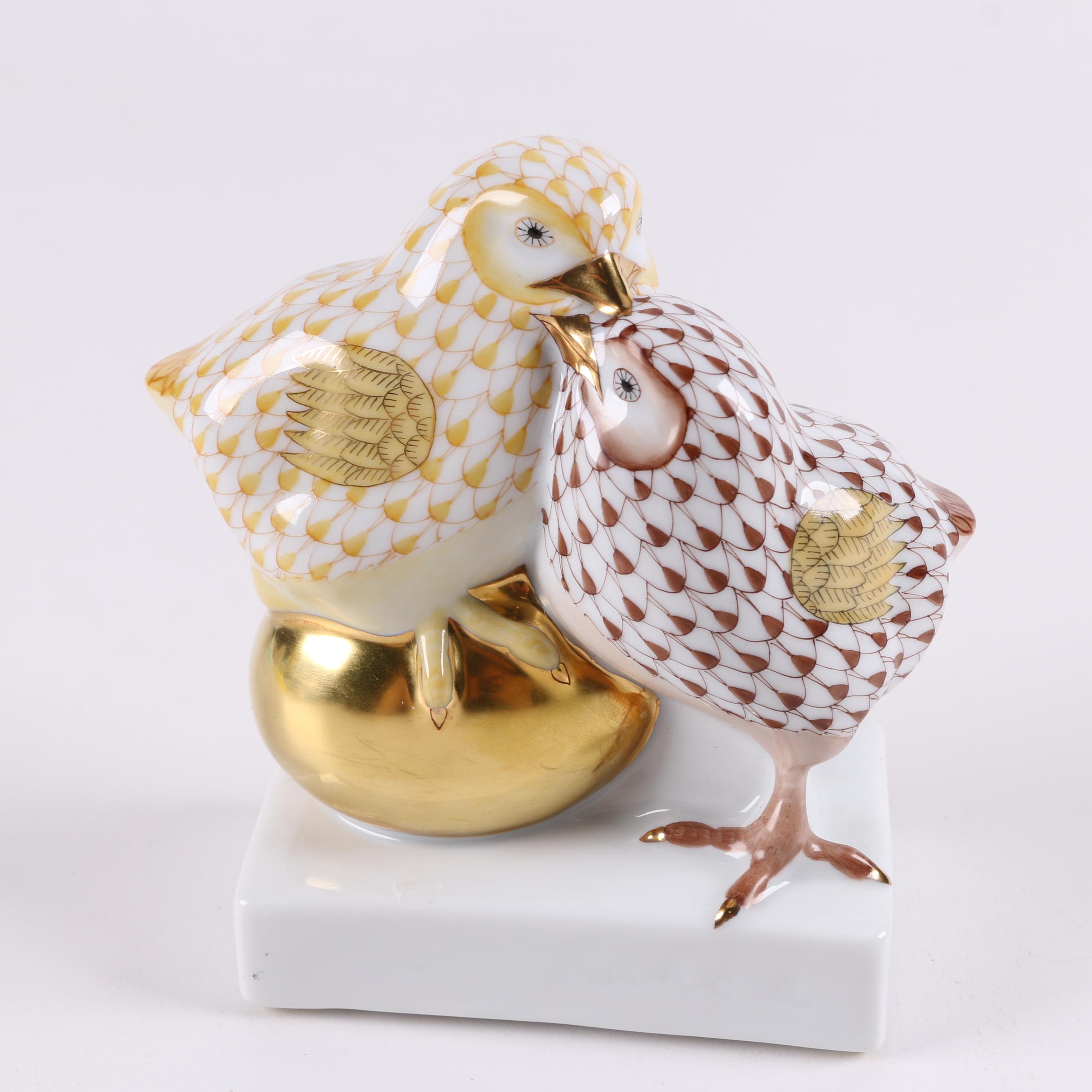 Herend Hungary Hand-Painted "Pair of Chicks on Golden Egg" Figurine