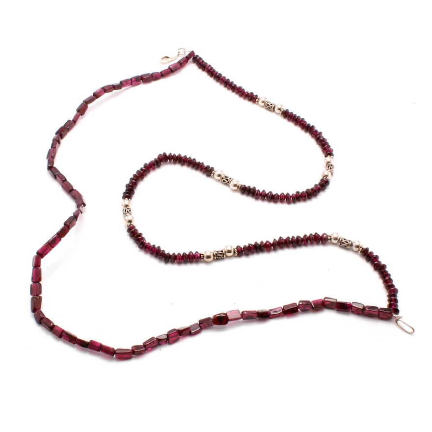 Sterling Silver Double Strand Garnet Bead Necklace