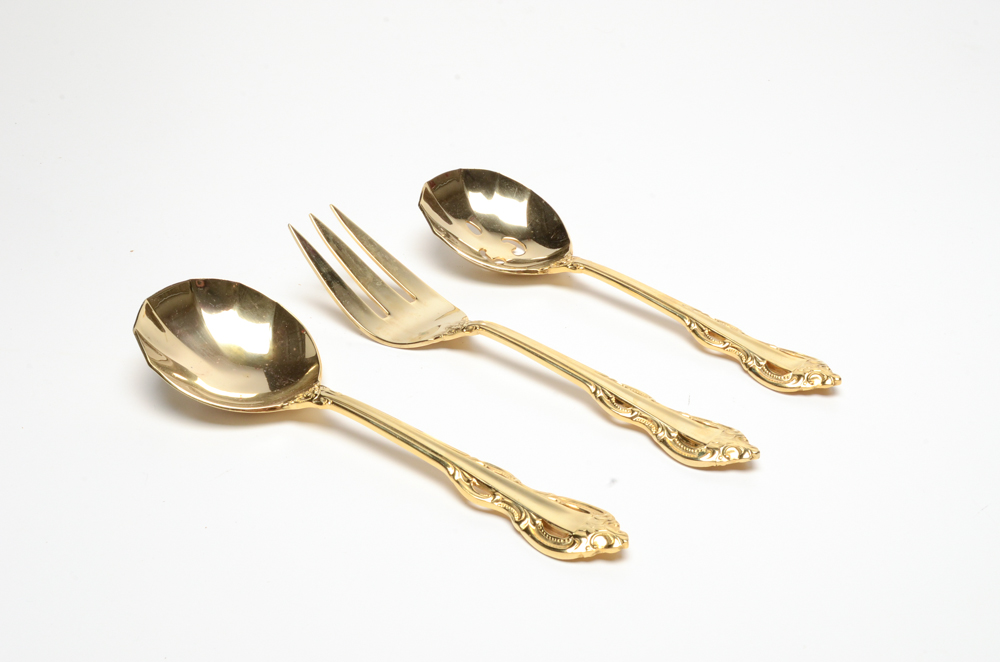 Towle "King Arthur Gold" Gold Plate Stainless Flatware Set with Other Cutlery