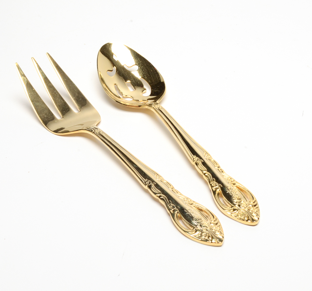 Towle "King Arthur Gold" Gold Plate Stainless Flatware Set with Other Cutlery