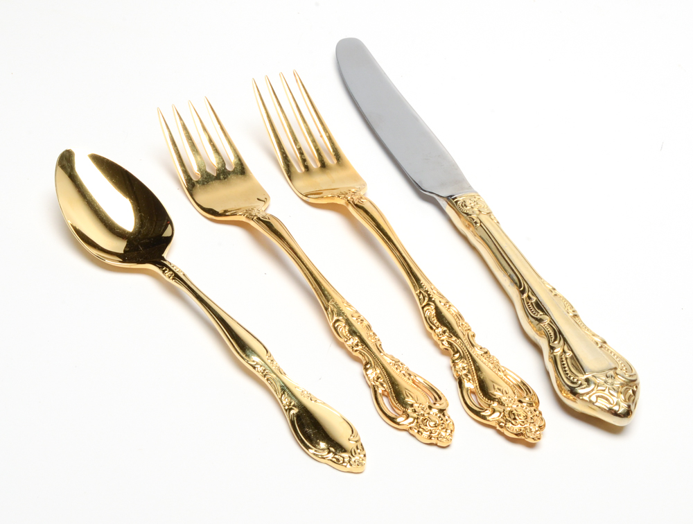 Towle "King Arthur Gold" Gold Plate Stainless Flatware Set with Other Cutlery