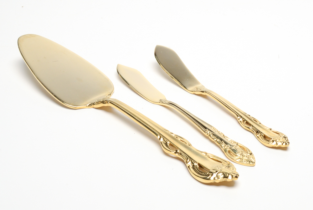 Towle "King Arthur Gold" Gold Plate Stainless Flatware Set with Other Cutlery