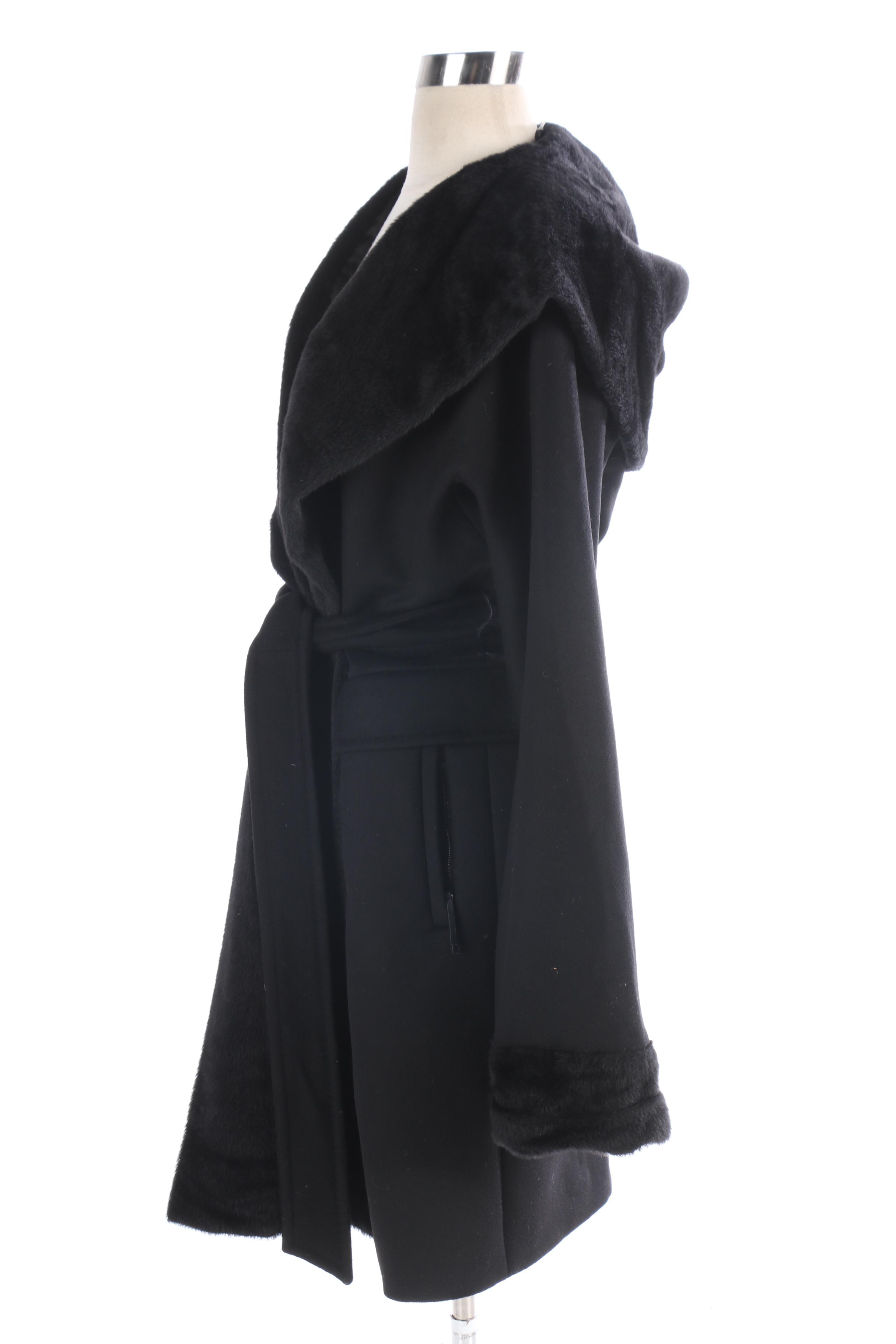 Women's Max Mara Hooded Black Wool Coat with Alpaca Trim