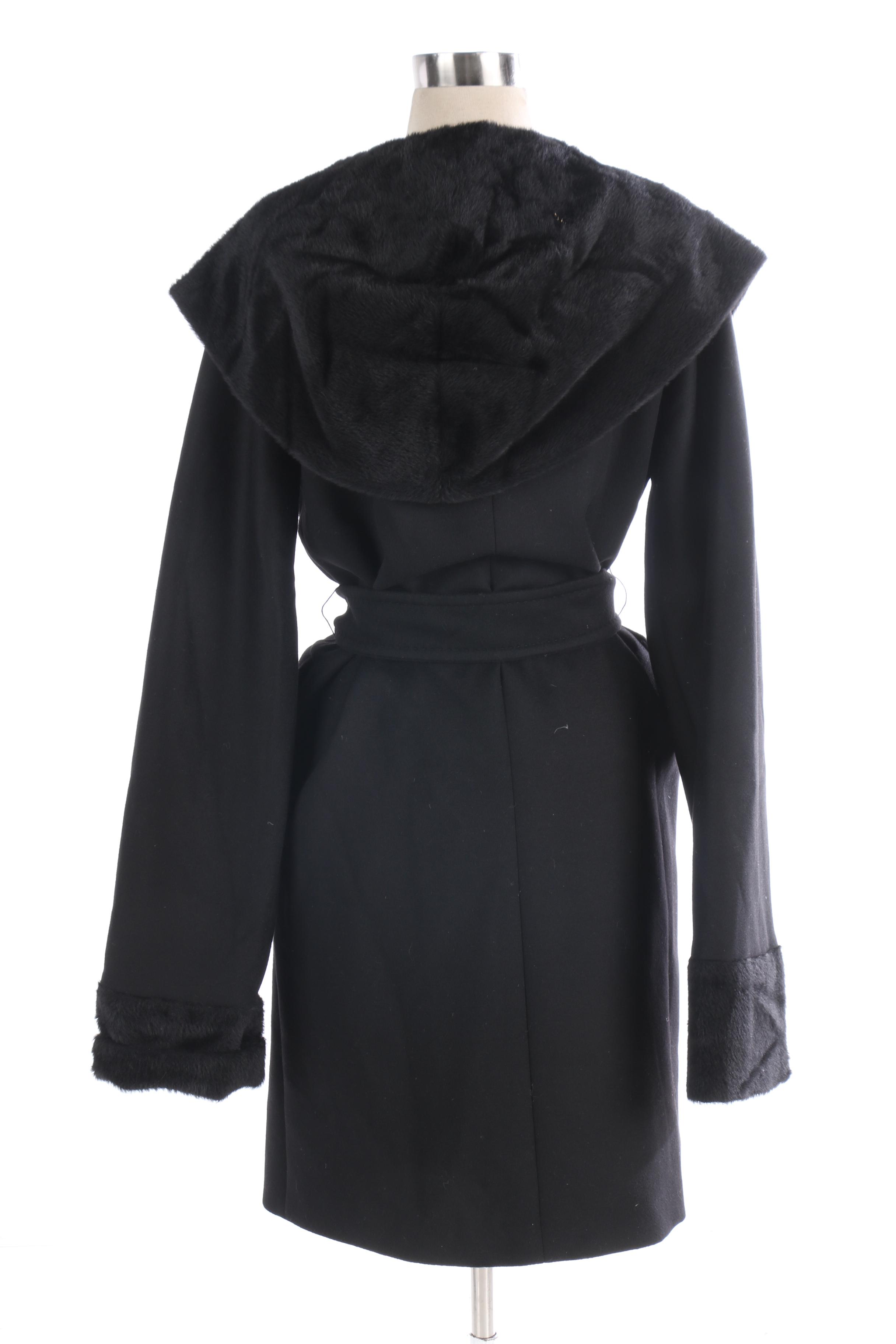 Women's Max Mara Hooded Black Wool Coat with Alpaca Trim