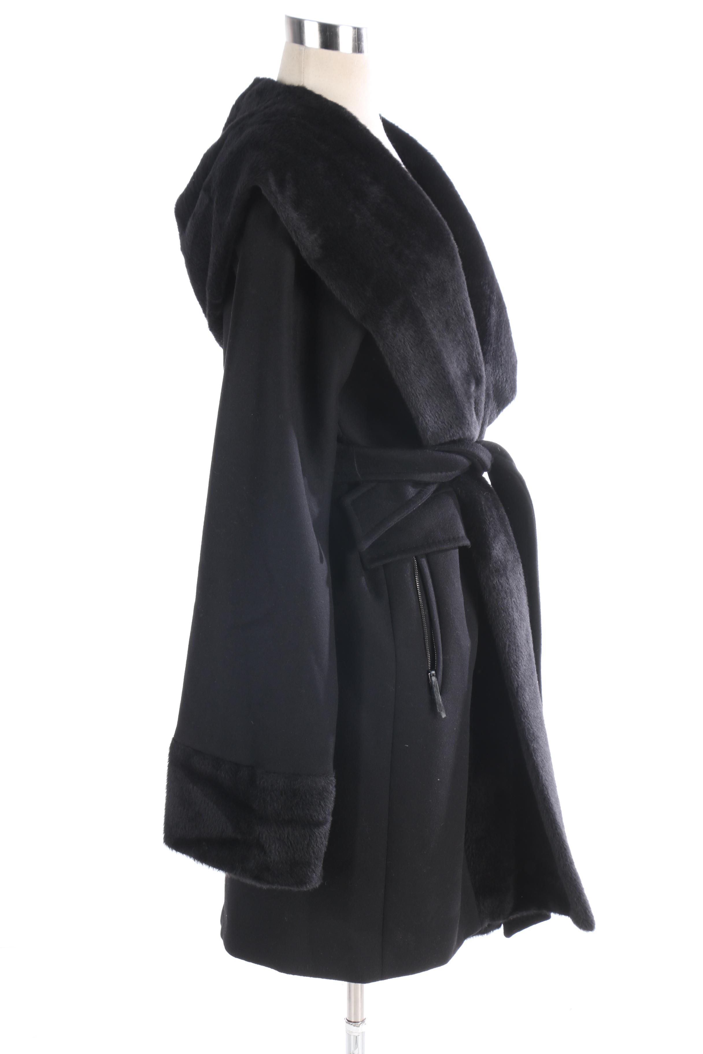 Women's Max Mara Hooded Black Wool Coat with Alpaca Trim