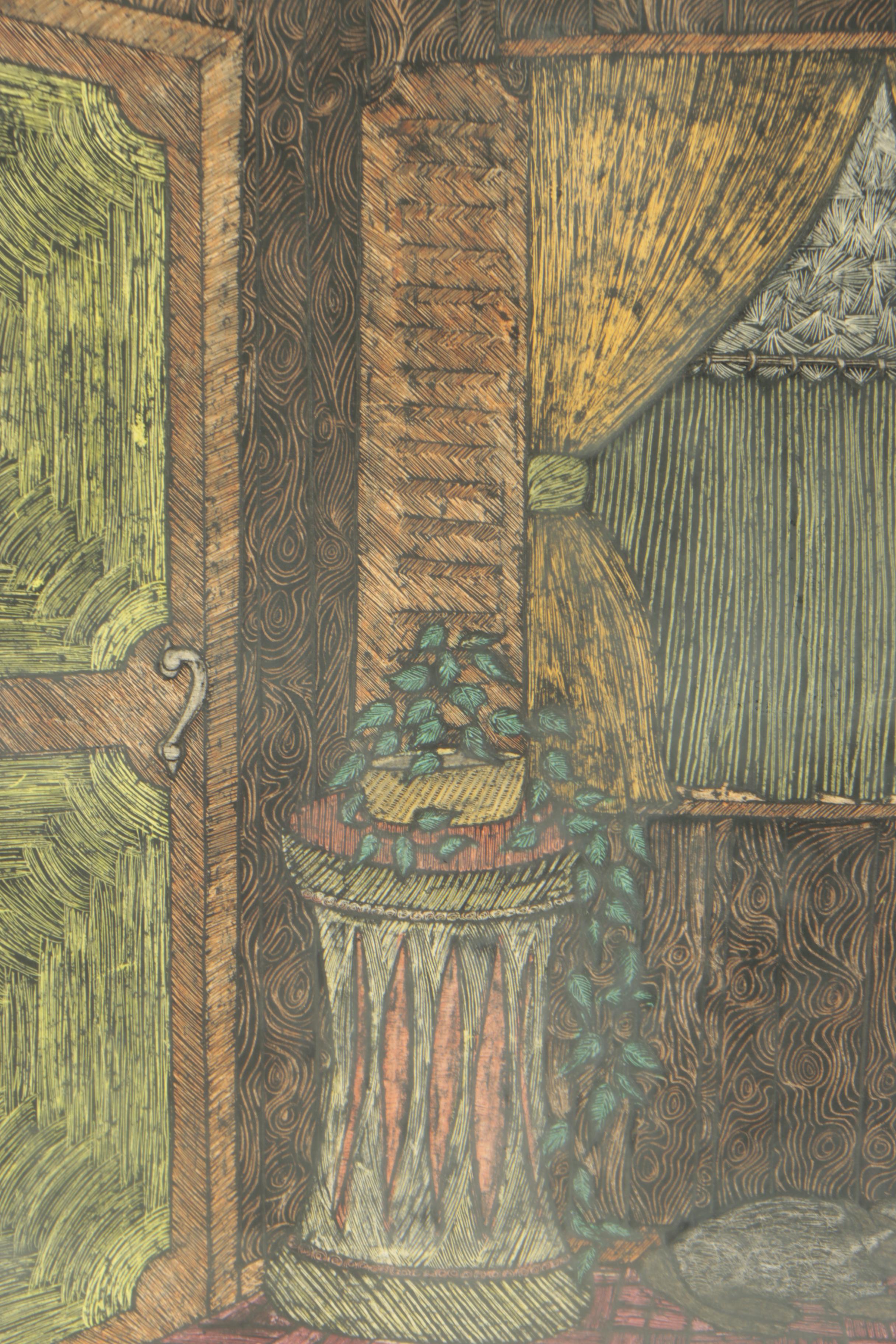 Hand-Painted Scratchboard Drawing