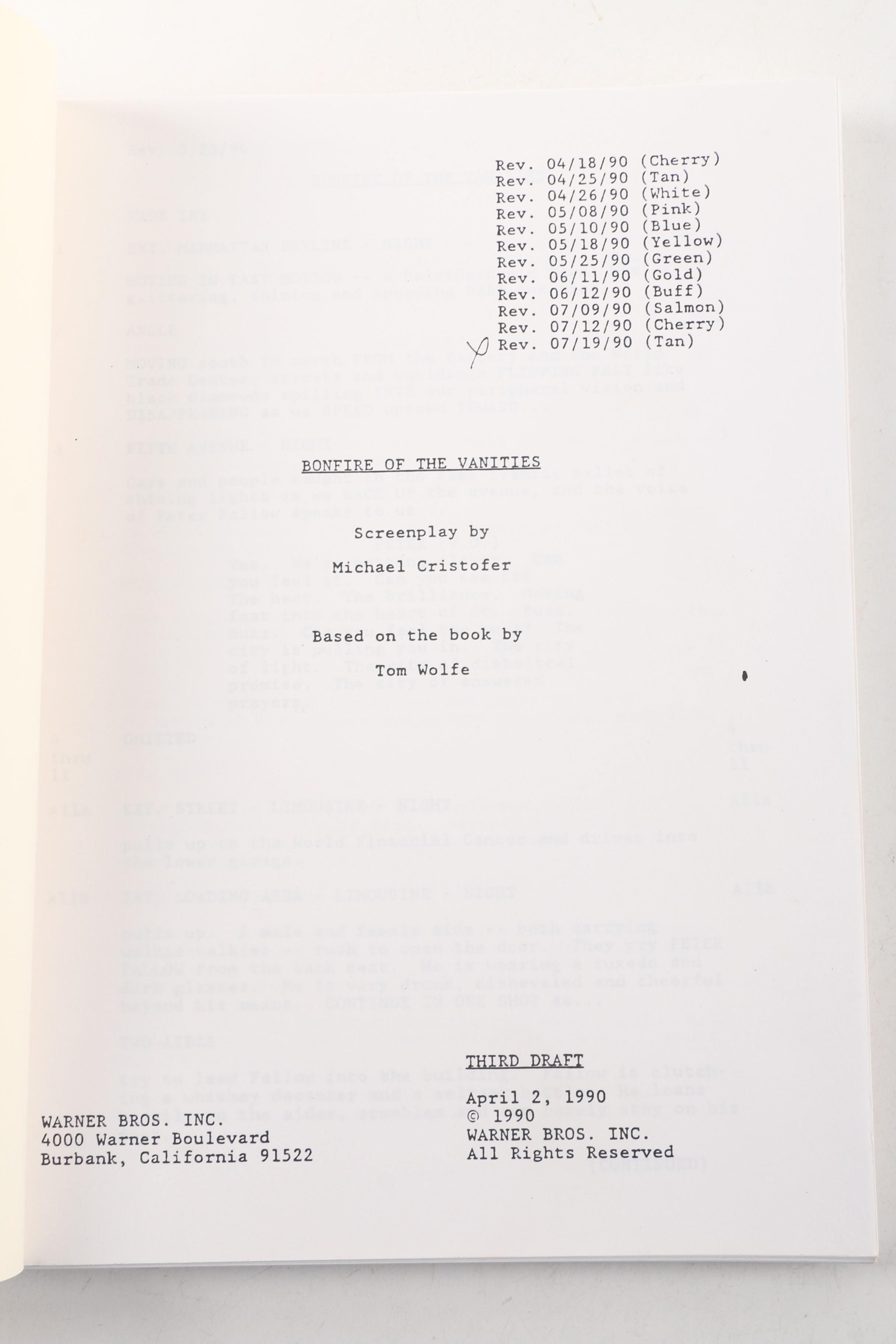 1990 "Bonfire of the Vanities" Screenplay by Michael Cristofer
