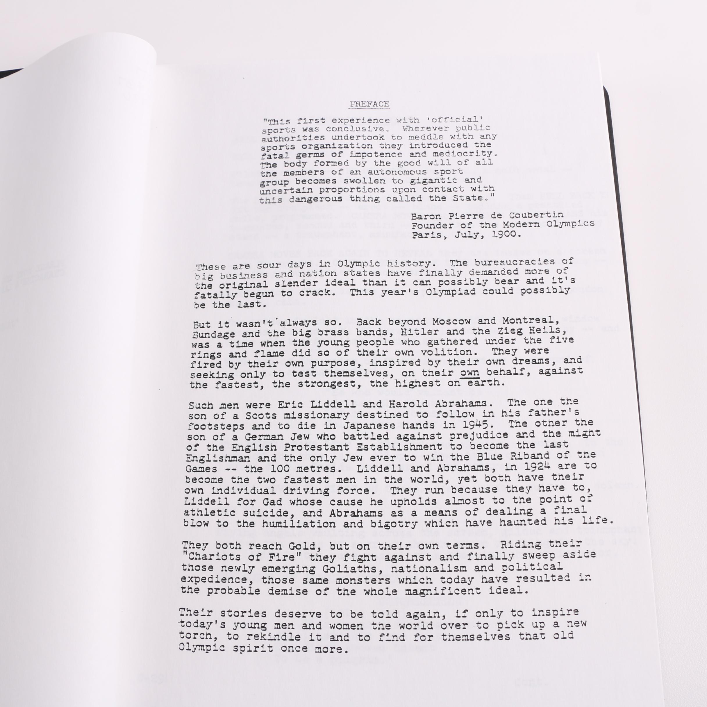 1980s "Chariots of Fire" Screenplay by Colin Welland