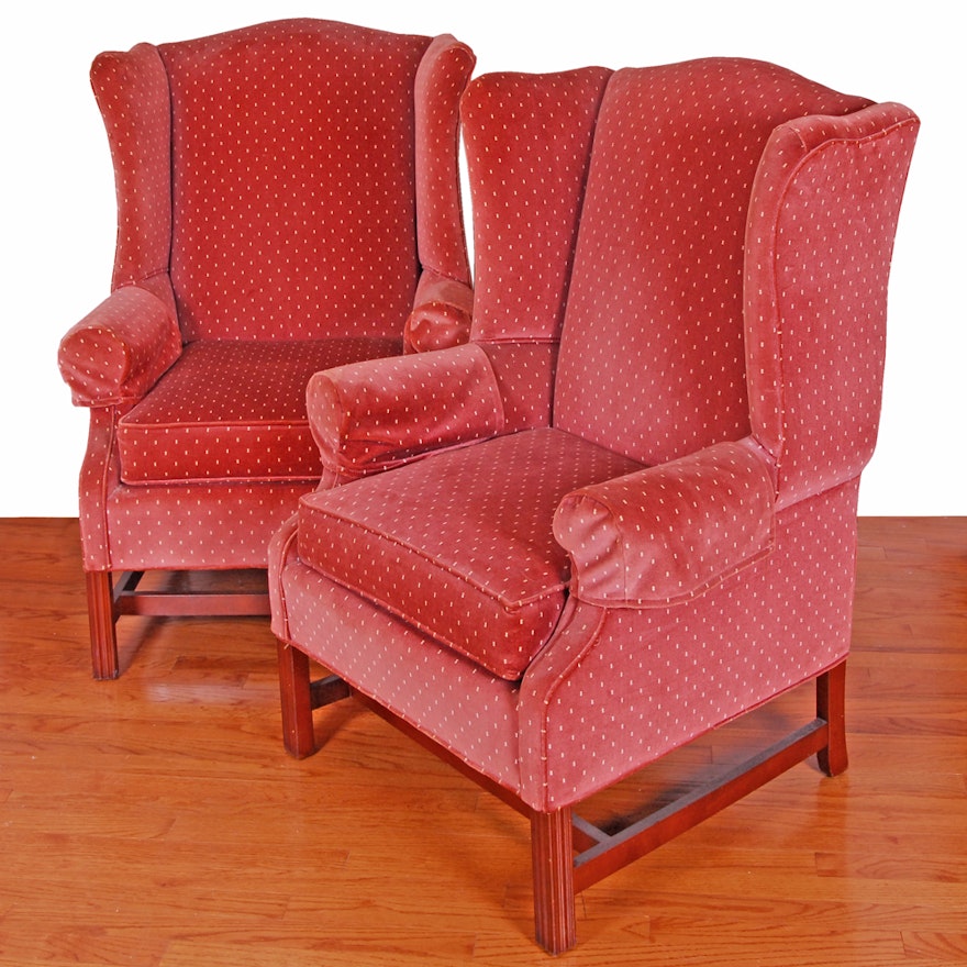 Vintage Chippendale Style Upholstered Wingback Armchairs by Pennsylvania House